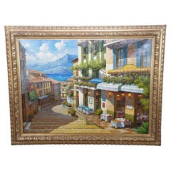 Vintage Italian Realist Oil Painting Bellagio Italy Alps Lake View Cityscape 47"