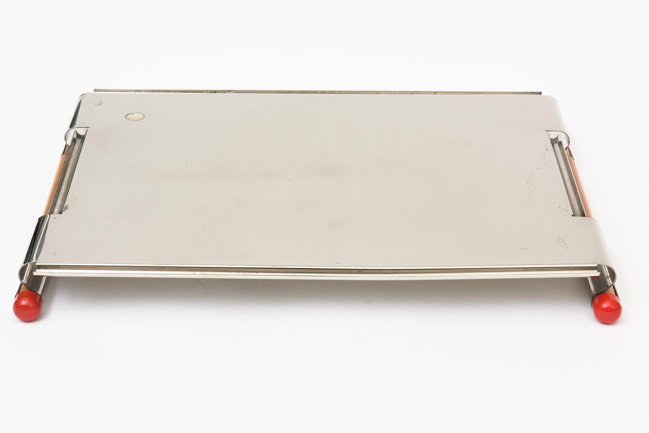 Vintage Italian Rectangular Silver-Plate, Wood, Red Resin Larry Laslo For Towle en vente 5