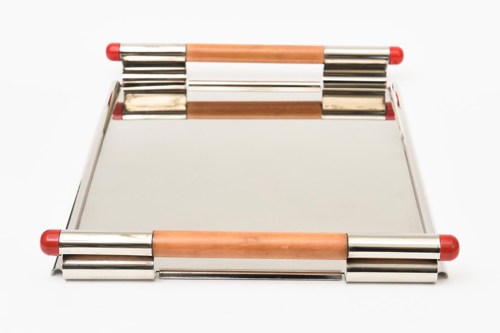 Postmoderne Vintage Italian Rectangular Silver-Plate, Wood, Red Resin Larry Laslo For Towle en vente