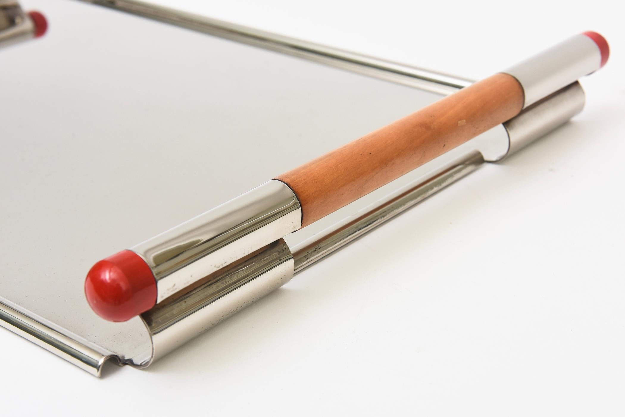 Européen Vintage Italian Rectangular Silver-Plate, Wood, Red Resin Larry Laslo For Towle en vente