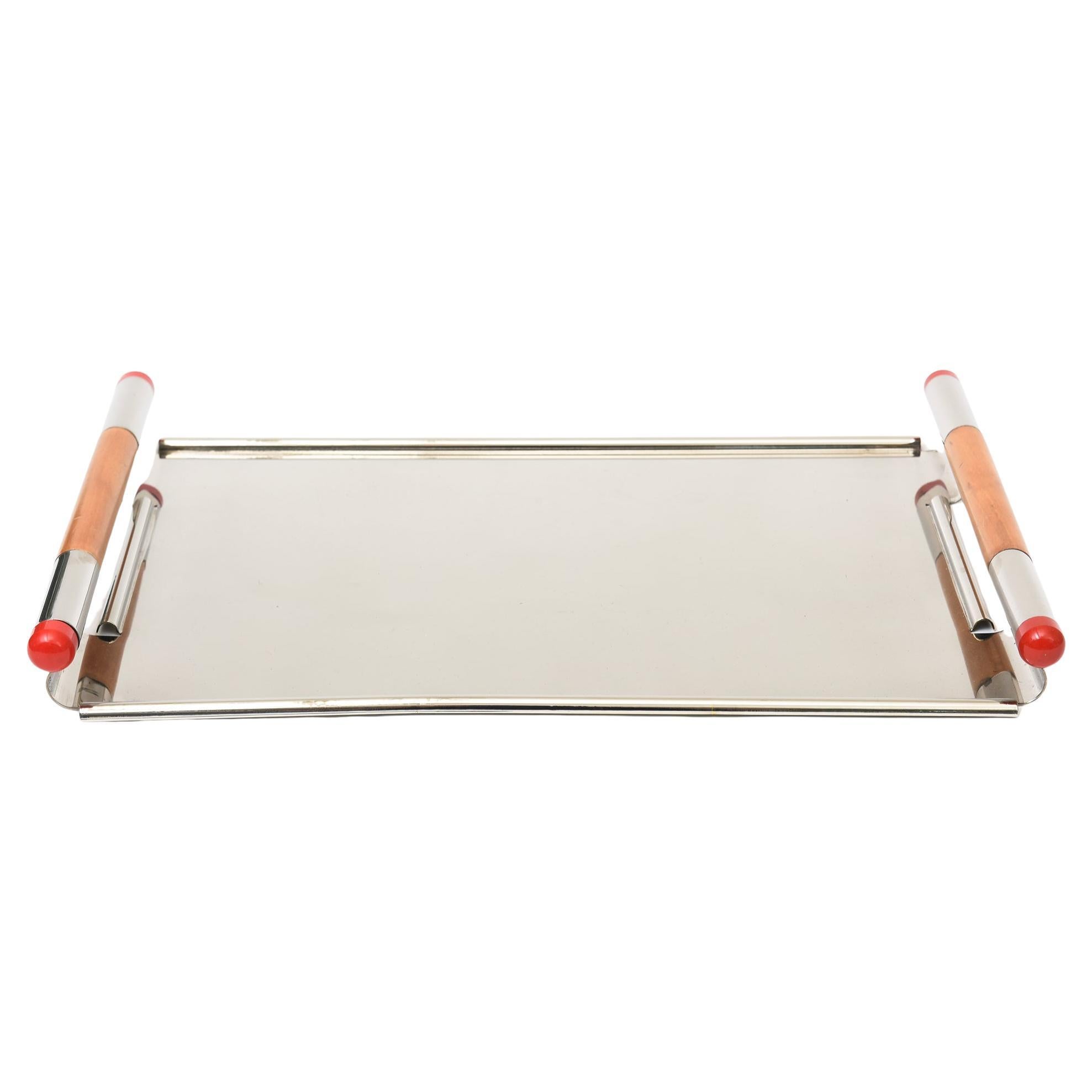 Vintage Italian Rectangular Silver-Plate, Wood, Red Resin Larry Laslo For Towle en vente