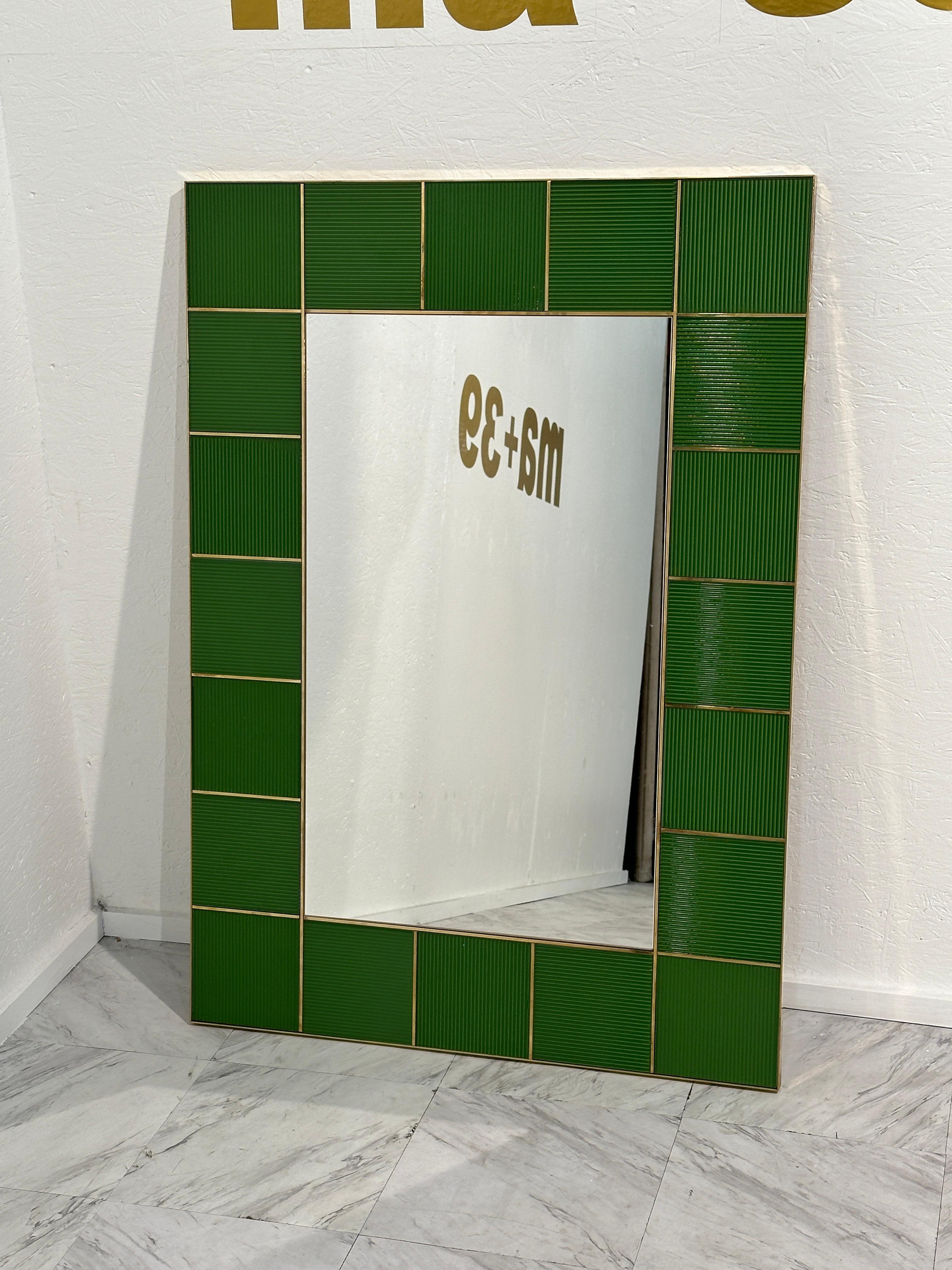 Late 20th Century Vintage Italian Rectangular Wall Mirror With Green Frame 1980s For Sale