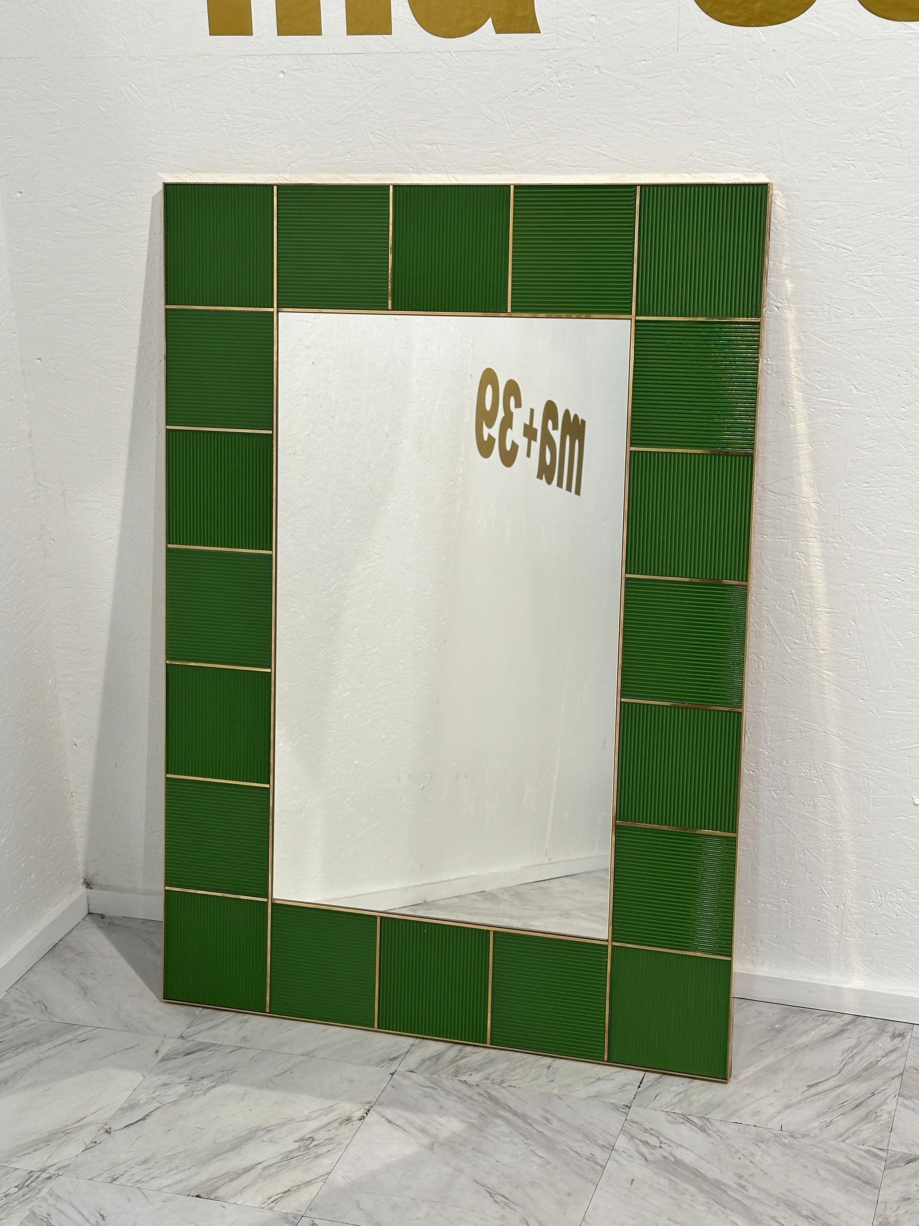 Brass Vintage Italian Rectangular Wall Mirror With Green Frame 1980s For Sale