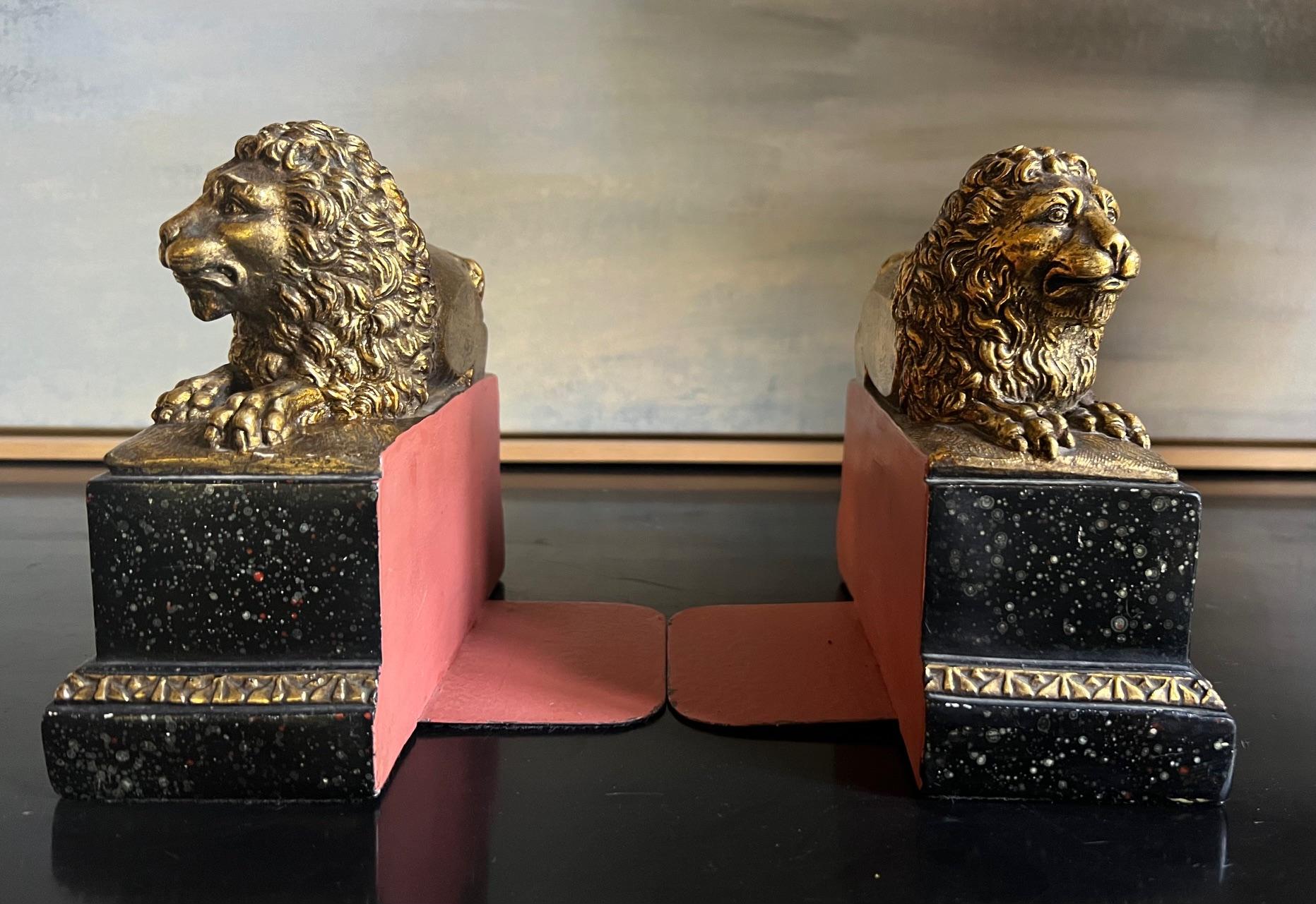 Plaster  Vintage Italian Recumbent Lion Bookends by Borghese, c. 1960's