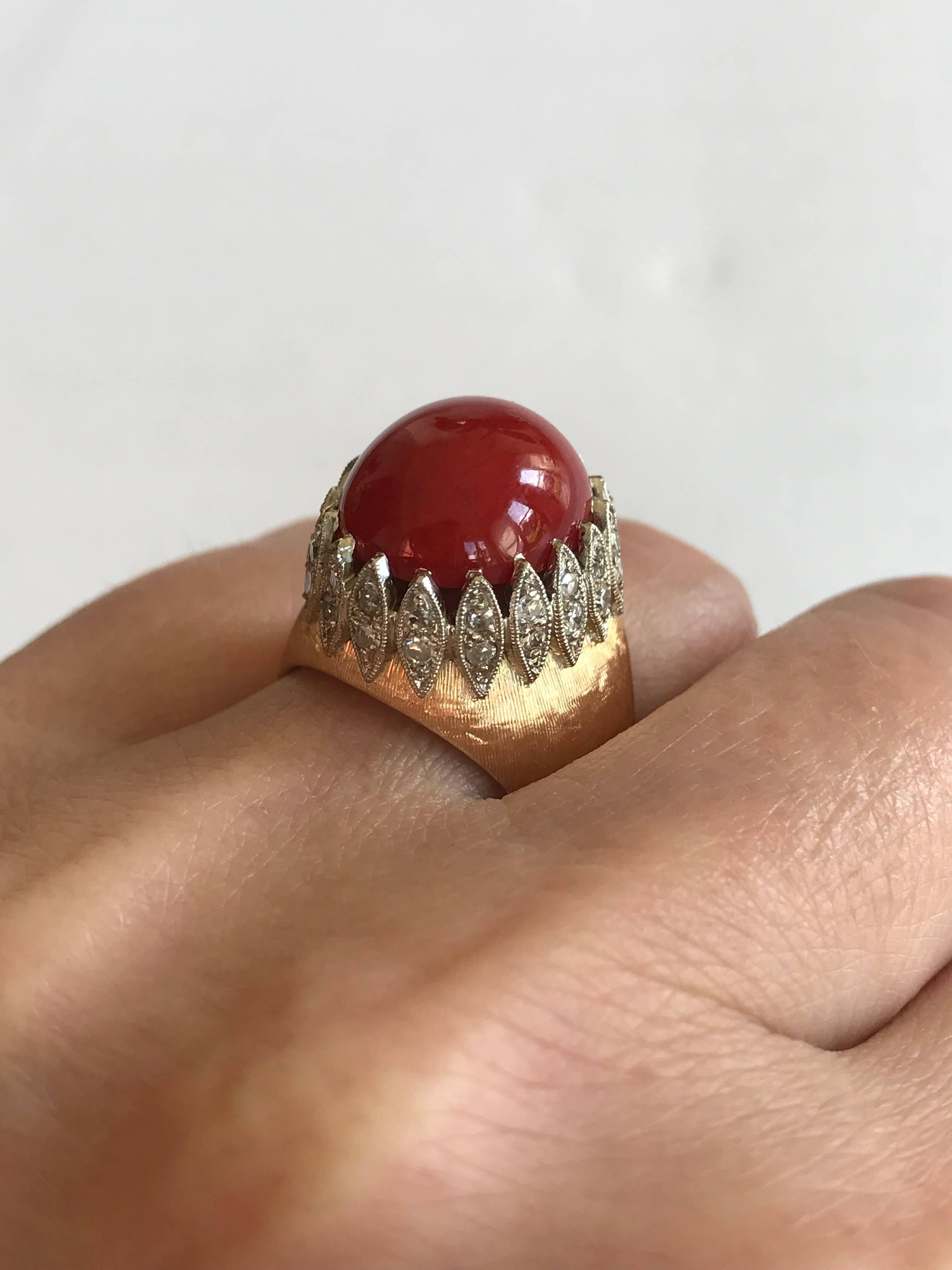 Vintage Italian Red Coral “Corallium Rubrum” Diamond Yellow Gold Ring For Sale 1