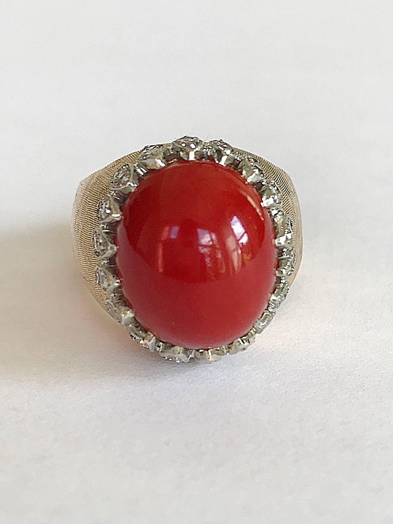 Vintage Italian Red Coral Diamond Yellow Gold Ring For Sale at 1stDibs