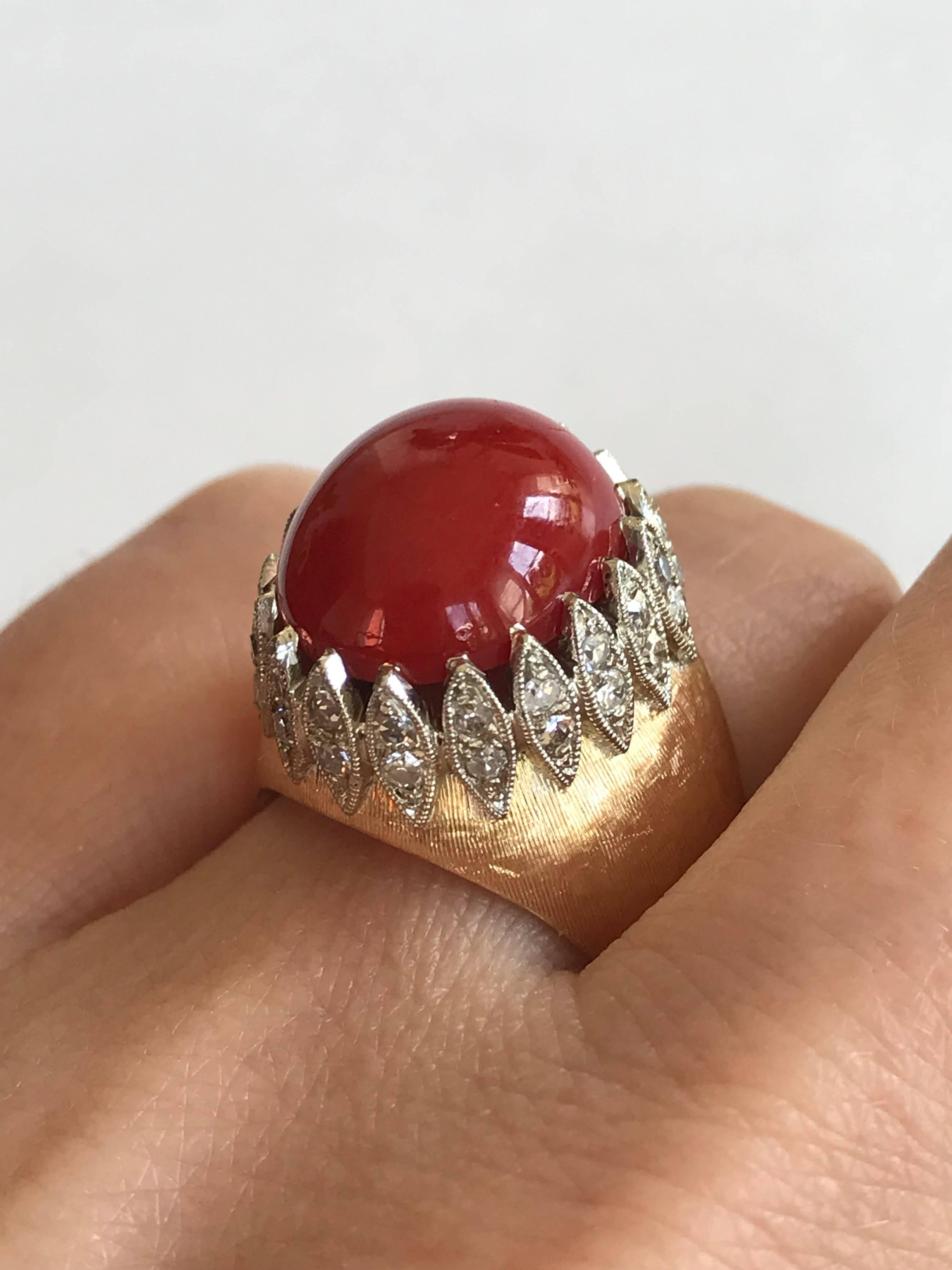 Cabochon Vintage Italian Red Coral “Corallium Rubrum” Diamond Yellow Gold Ring For Sale