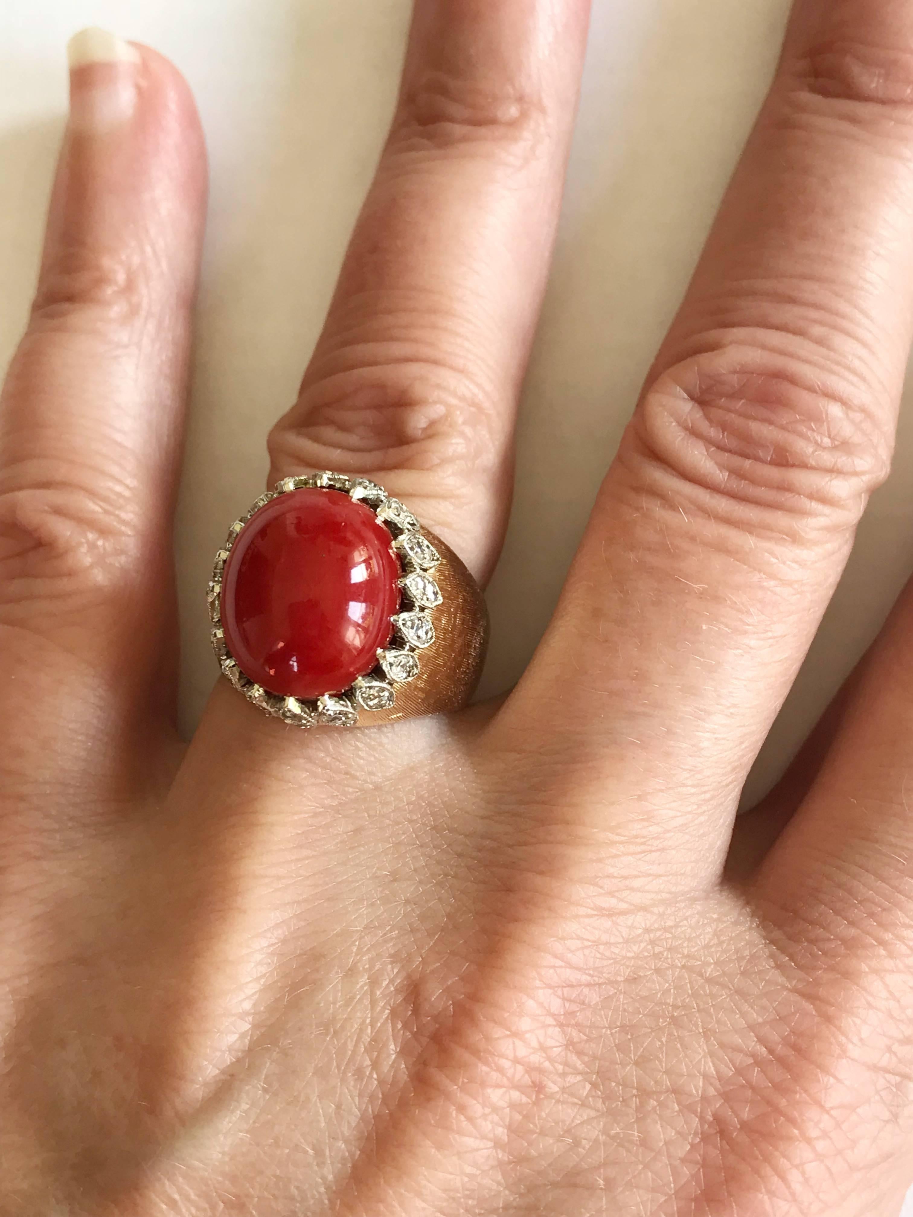 Vintage Italian Red Coral “Corallium Rubrum” Diamond Yellow Gold Ring In New Condition For Sale In Como, IT