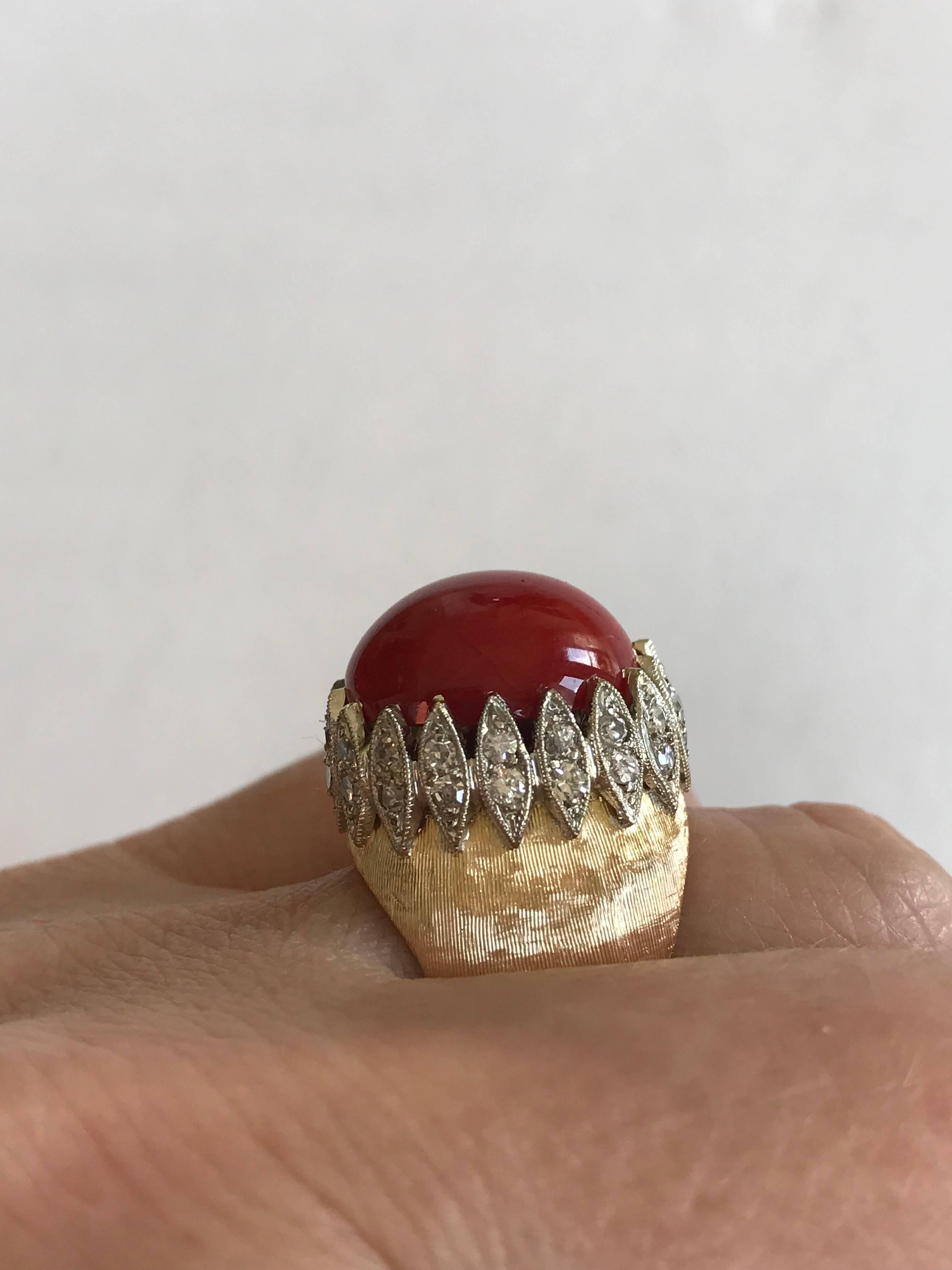 Women's Vintage Italian Red Coral “Corallium Rubrum” Diamond Yellow Gold Ring For Sale
