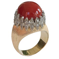 Vintage Italian Red Coral Diamond Yellow Gold Ring