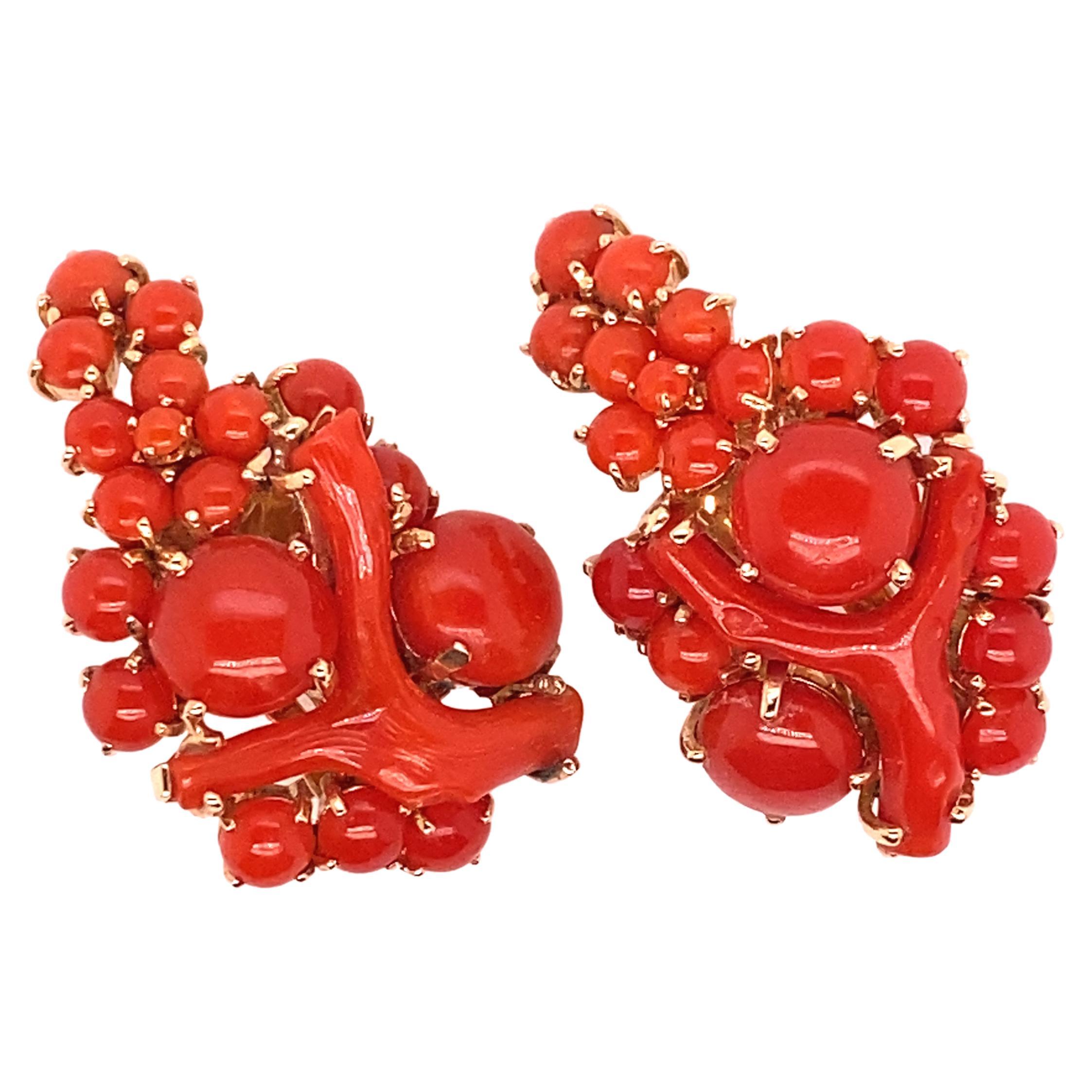 Vintage Italian Red Coral Earrings Set in 14 Karat Yellow Gold For Sale