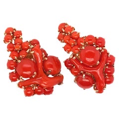Vintage Italian Red Coral Earrings Set in 14 Karat Yellow Gold