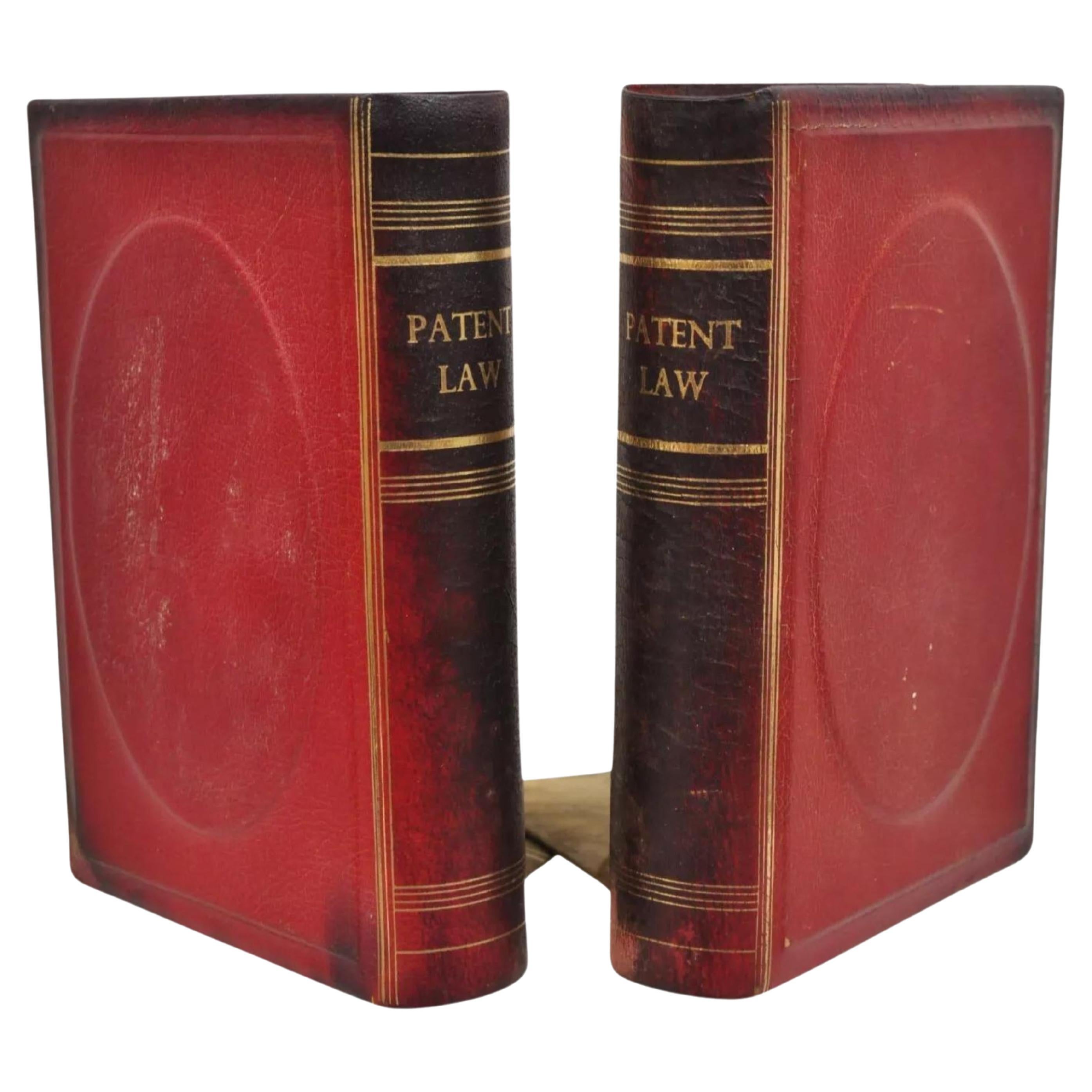 Vintage Italian Red Leather Bound "Patent Law" Faux Book Bookends (B) - Pair For Sale