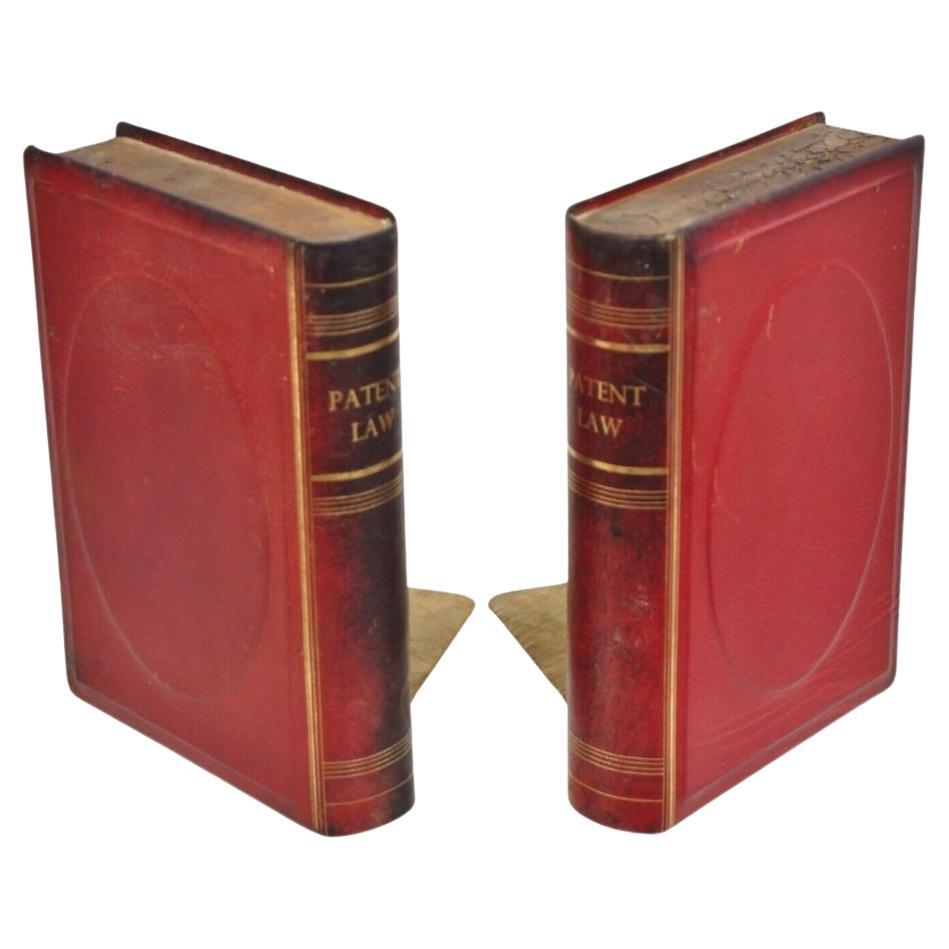 Vintage Italian Red Leather Bound "Patent Law" Faux Book Bookends (D) - Pair For Sale