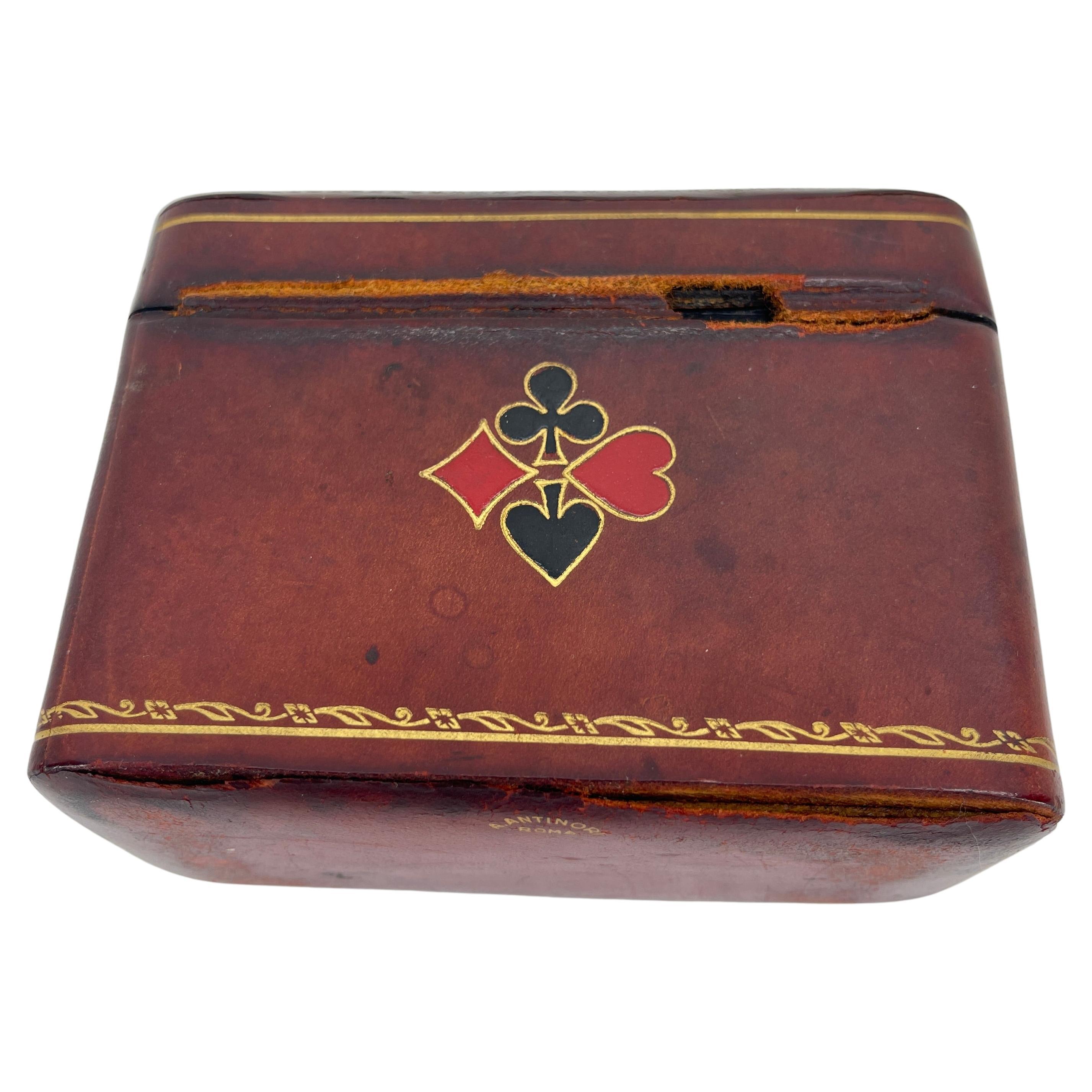 Vintage Italian Red Leather Box for Deck of Cards, Signed A. Antinori Roma 10