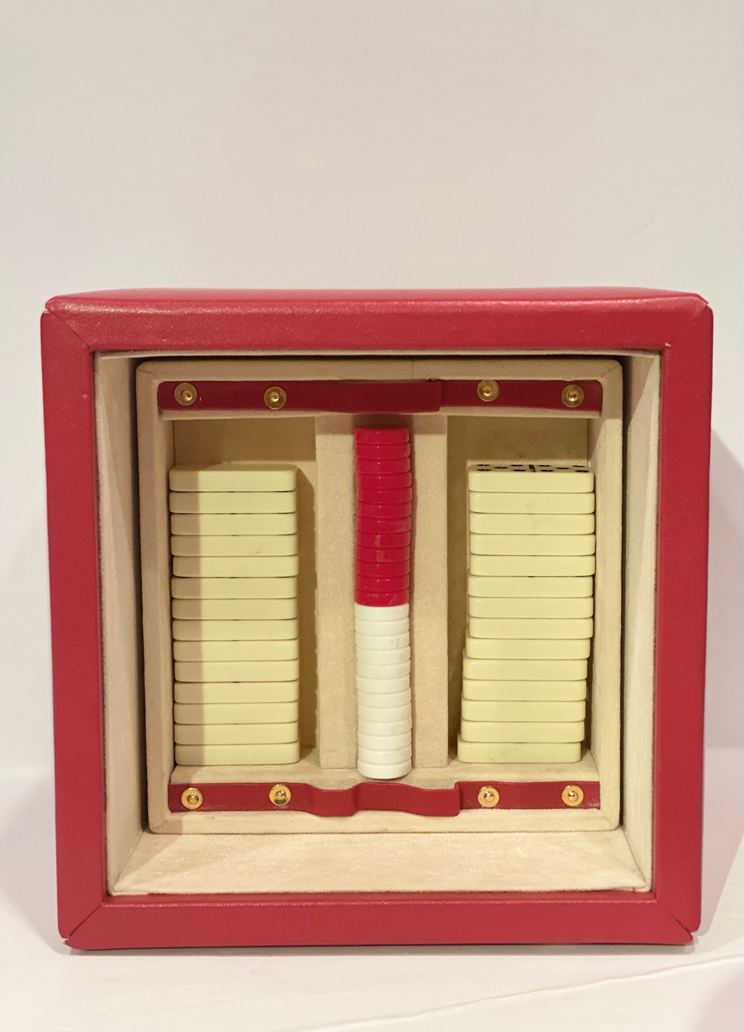 Mid-Century Modern Vintage Italian Red Playing Game Box with Cards Dice Domino Checkers Poker Set 
