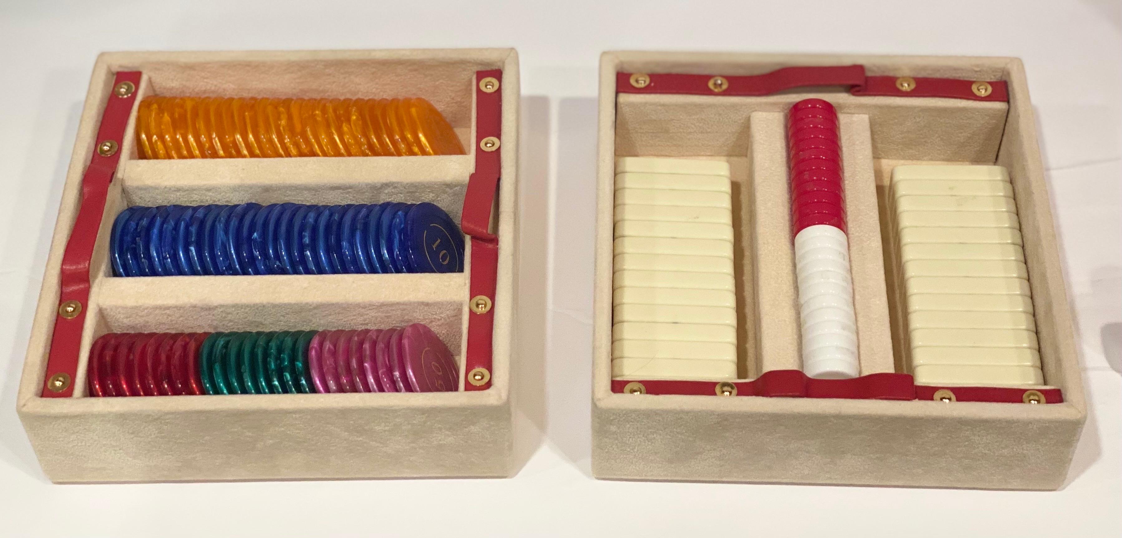 Vintage Italian Red Playing Game Box with Cards Dice Domino Checkers Poker Set In Good Condition In Farmington Hills, MI