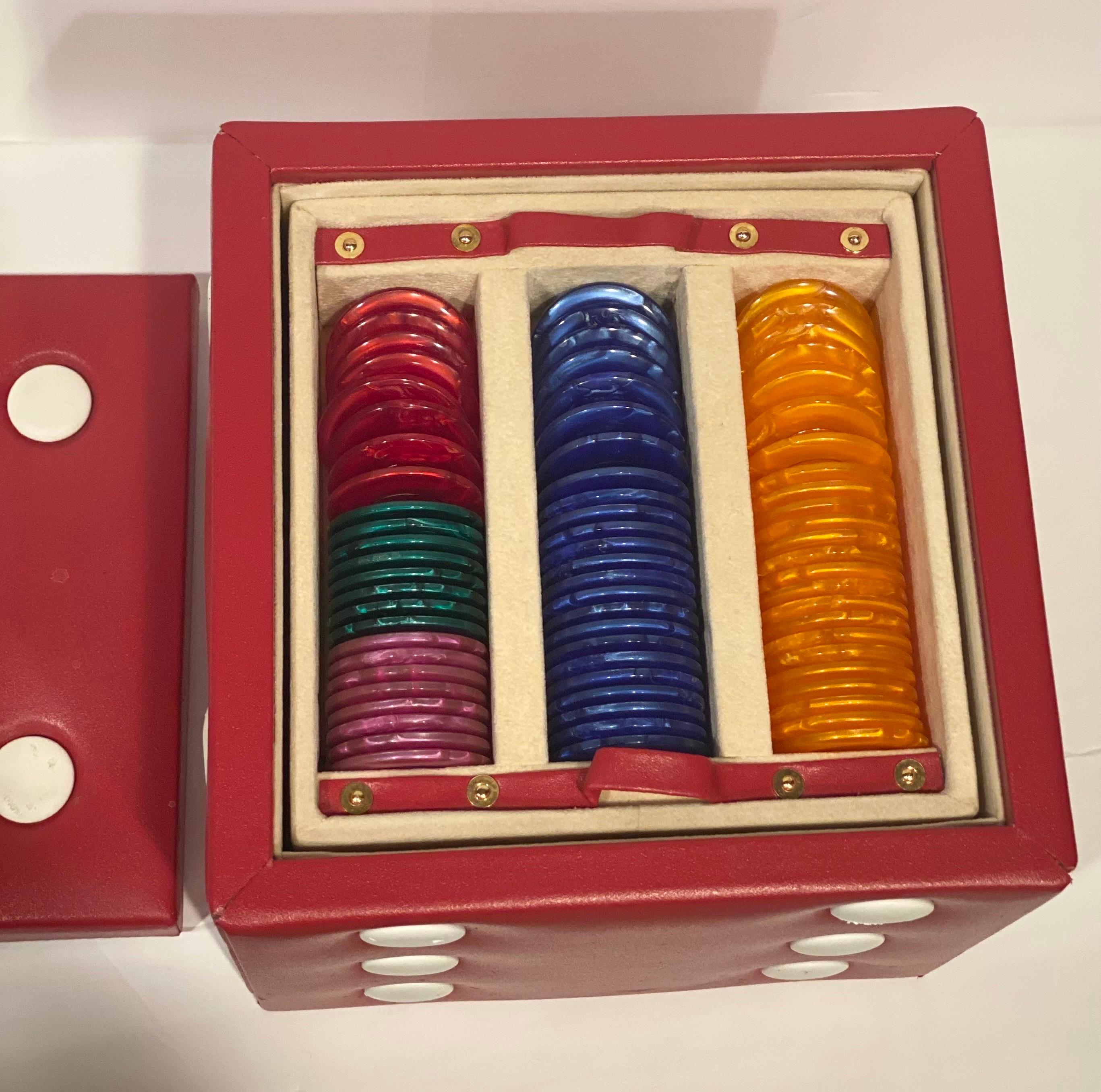 Mid-20th Century Vintage Italian Red Playing Game Box with Cards Dice Domino Checkers Poker Set