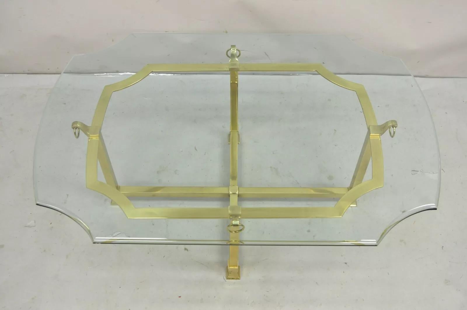 Vintage Italian Regency Brass and Thick Beveled Glass Labarge Style Coffee Table with Brass Drop Rings. 