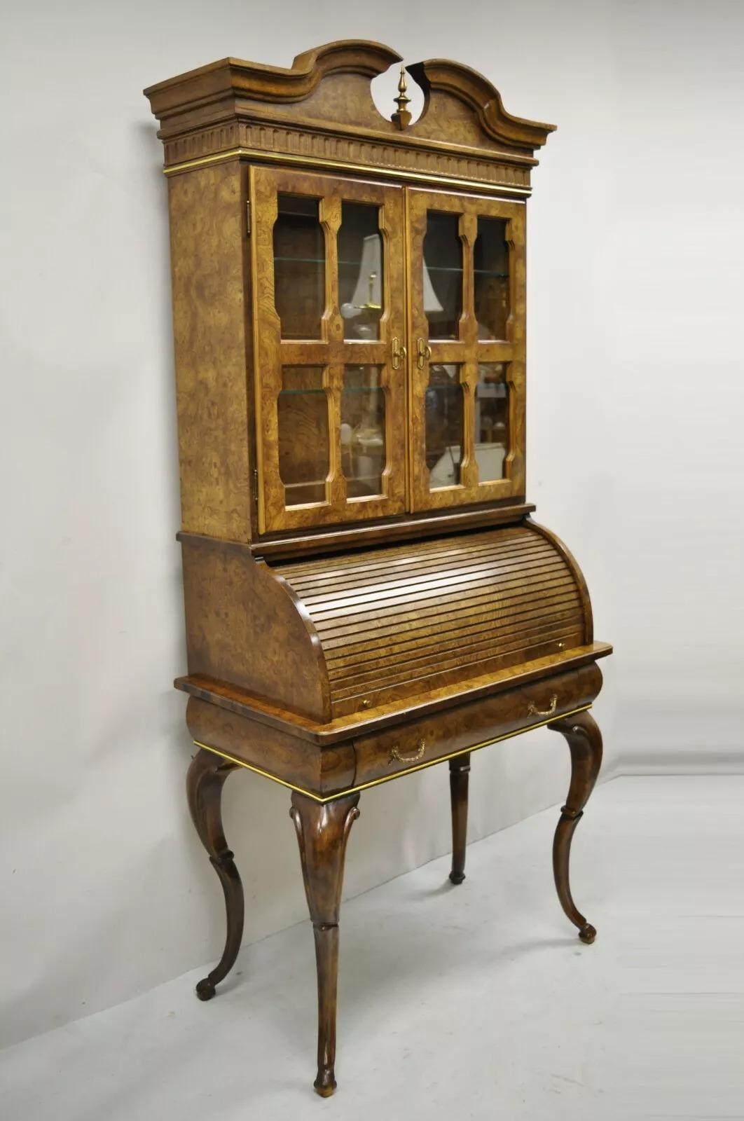Vintage Italian Regency Burlwood Laminate Saber Leg Tall Secretary Desk Display Curio Bookcase.Tall shapely cabriole/saber legs, broken arch top with finial, roll top desk, burl wood laminate case, 2 part construction, lighted interior, 4 dovetailed