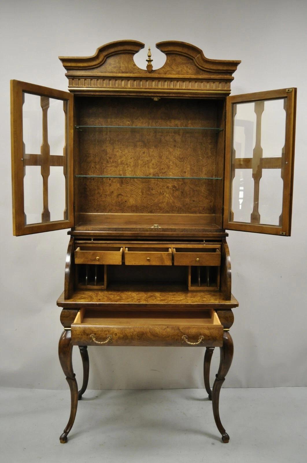Glass Vintage Italian Regency Burlwood Laminate Saber Leg Tall Secretary Desk Display For Sale