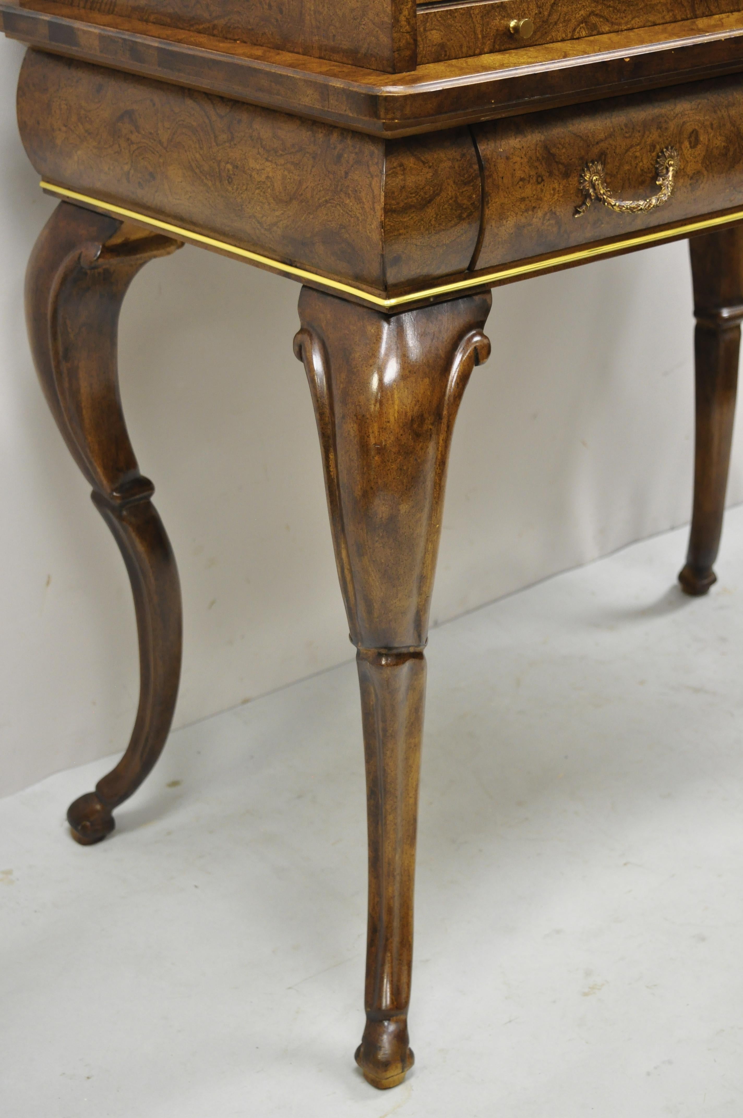 Vintage Italian Regency Burlwood Laminate Saber Leg Tall Secretary Desk Display For Sale 1