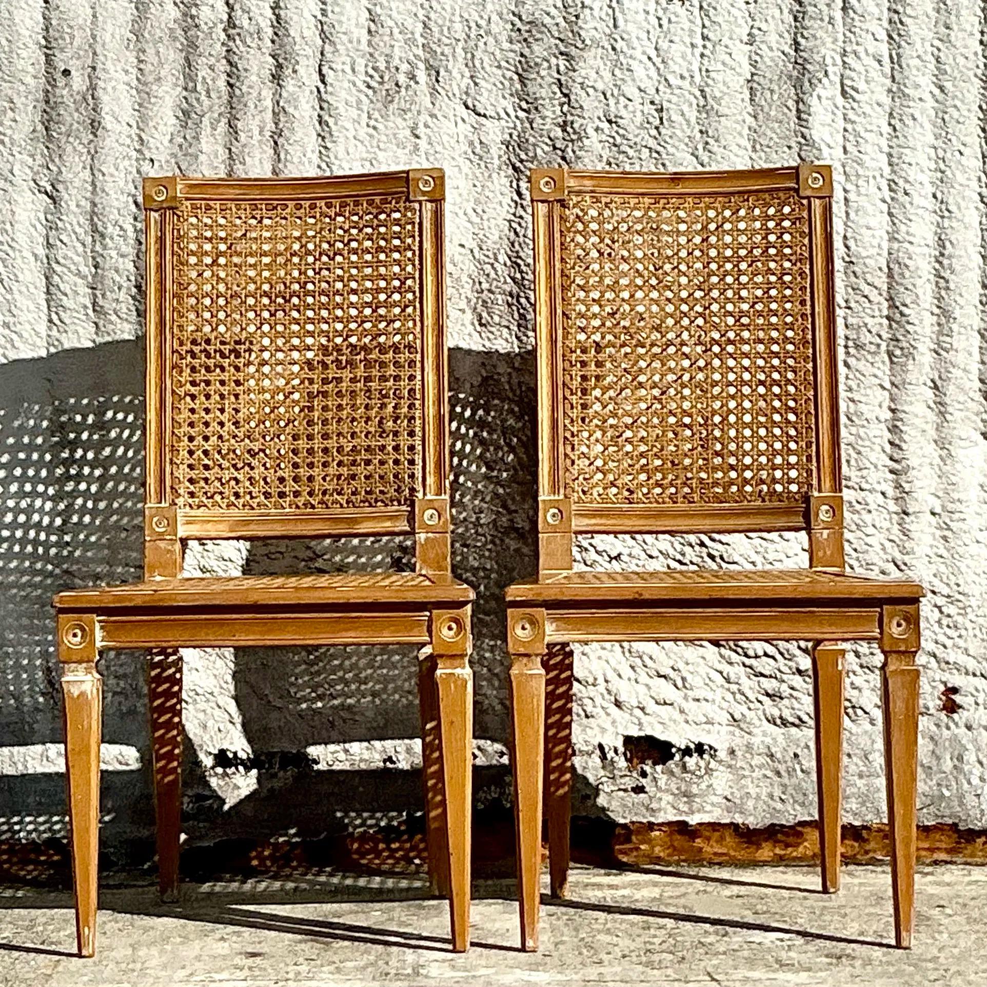 Vintage Italian Regency Cane and Wood Side Chairs - a Pair In Good Condition For Sale In west palm beach, FL
