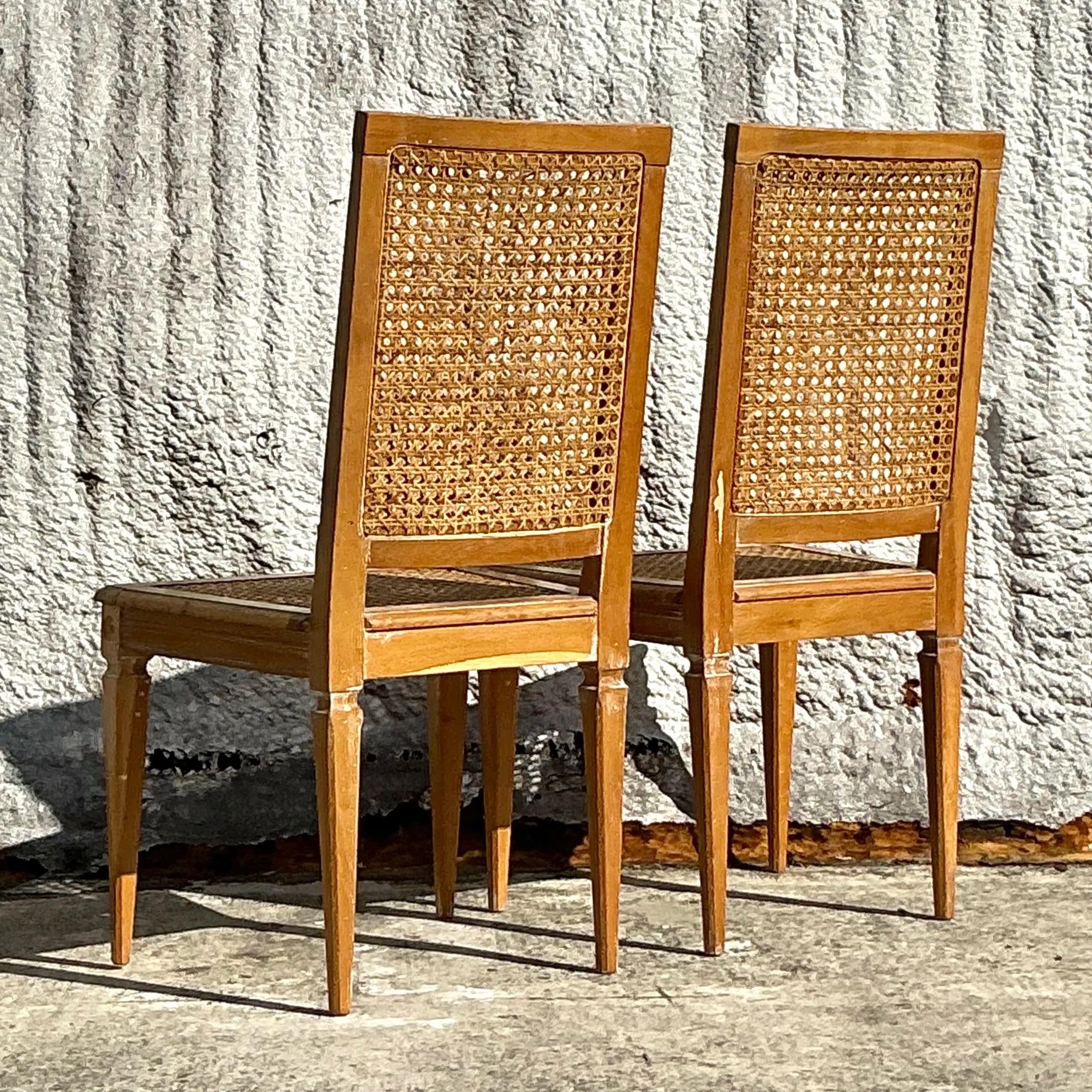 20th Century Vintage Italian Regency Cane and Wood Side Chairs - a Pair For Sale