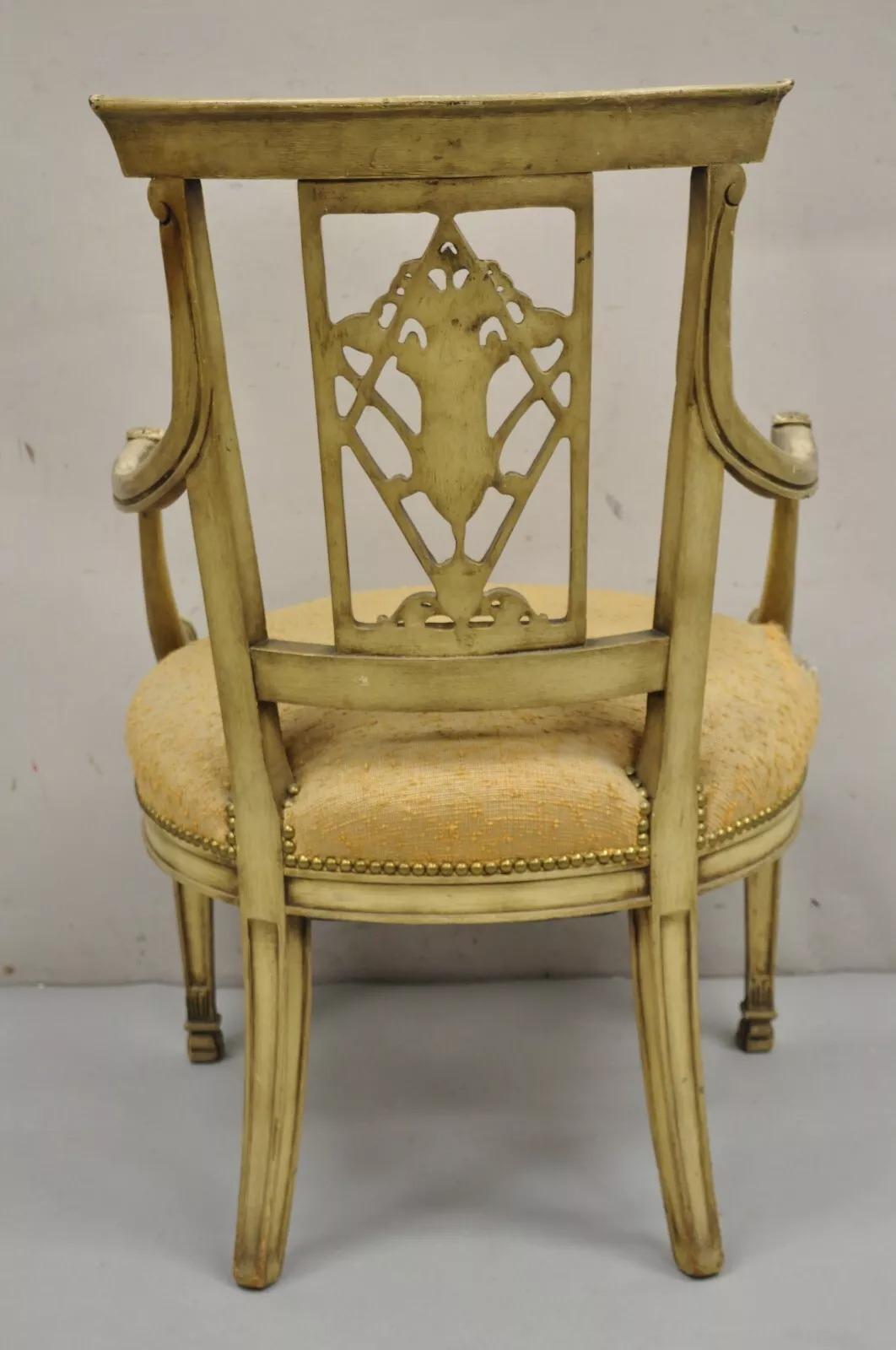 Vintage Italian Regency Cream Distress Painted Urn & Drape Carved Wood Arm Chair For Sale 4
