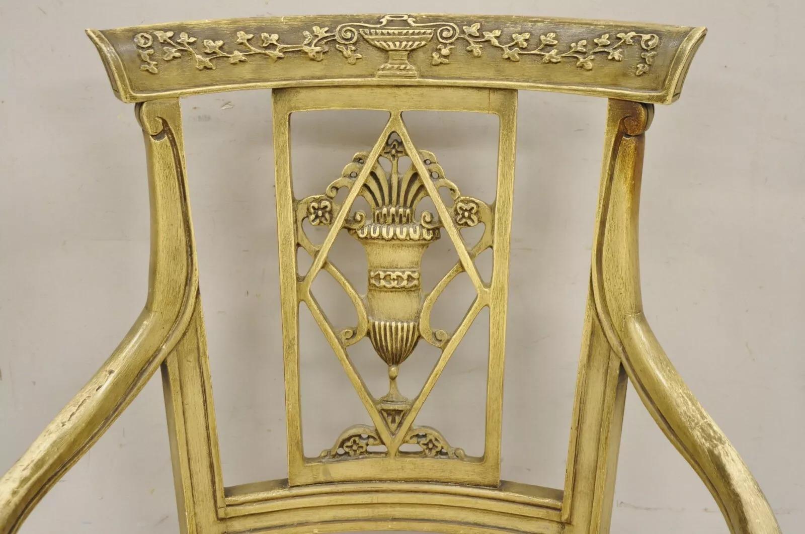Unknown Vintage Italian Regency Cream Distress Painted Urn & Drape Carved Wood Arm Chair For Sale