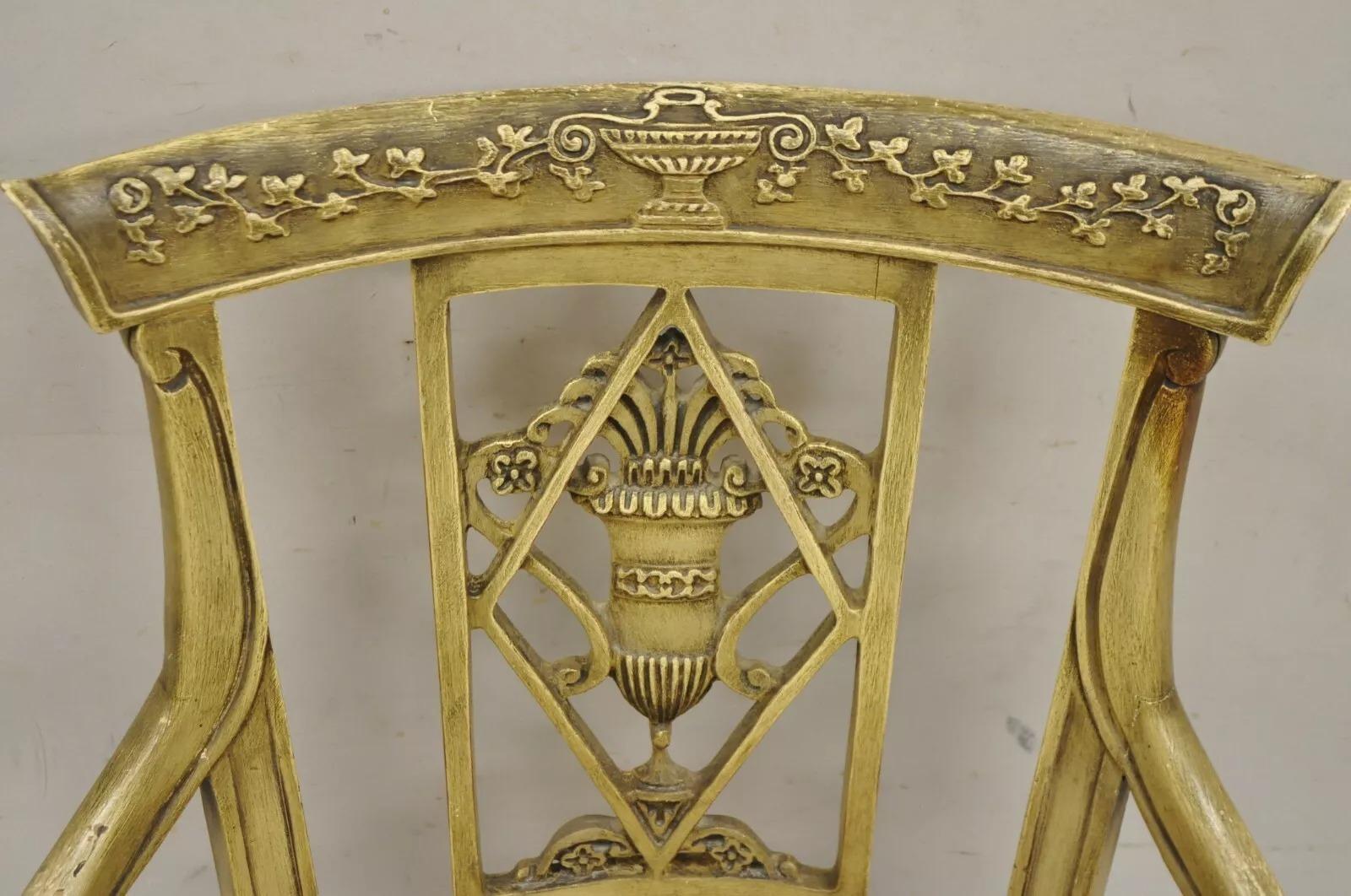 Vintage Italian Regency Cream Distress Painted Urn & Drape Carved Wood Arm Chair In Good Condition For Sale In Philadelphia, PA