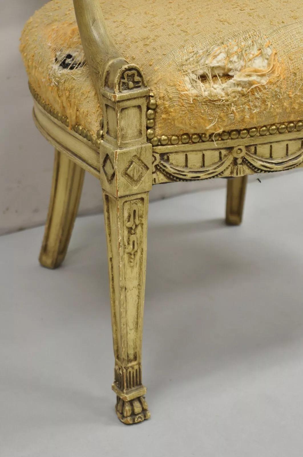 Fabric Vintage Italian Regency Cream Distress Painted Urn & Drape Carved Wood Arm Chair For Sale