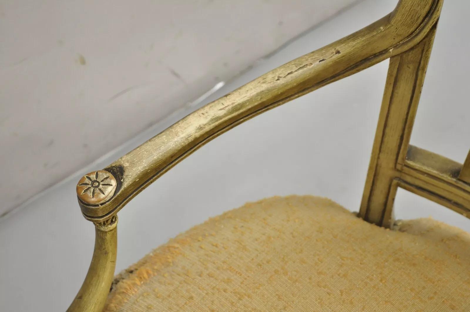 Vintage Italian Regency Cream Distress Painted Urn & Drape Carved Wood Arm Chair For Sale 1