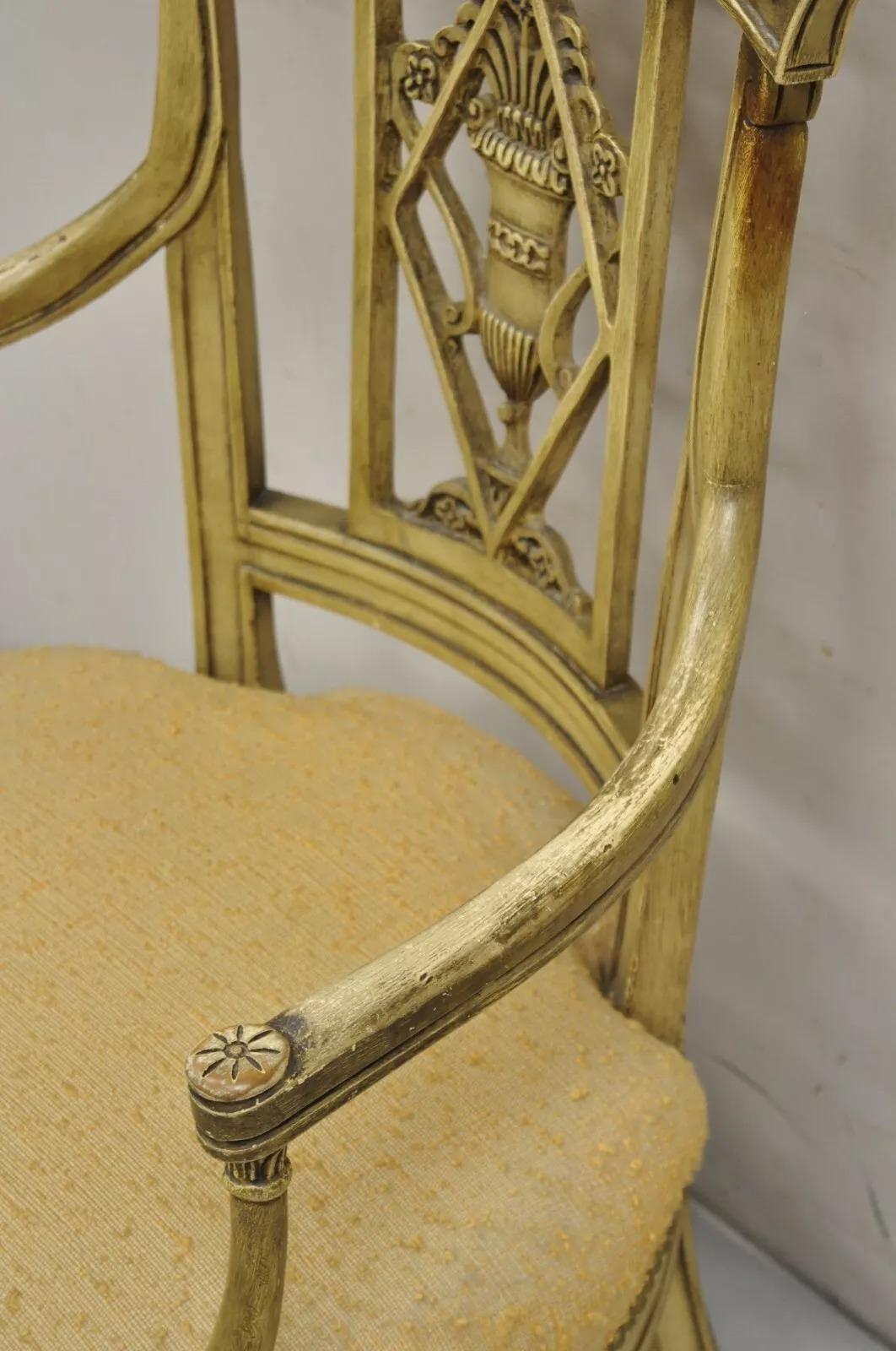 Vintage Italian Regency Cream Distress Painted Urn & Drape Carved Wood Arm Chair For Sale 2
