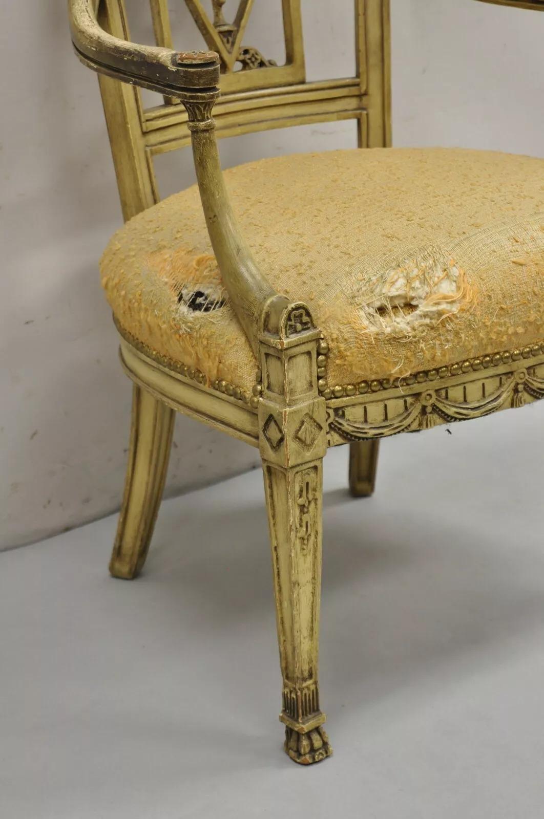 Vintage Italian Regency Cream Distress Painted Urn & Drape Carved Wood Arm Chair For Sale 3