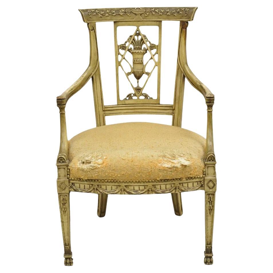 Vintage Italian Regency Cream Distress Painted Urn & Drape Carved Wood Arm Chair For Sale
