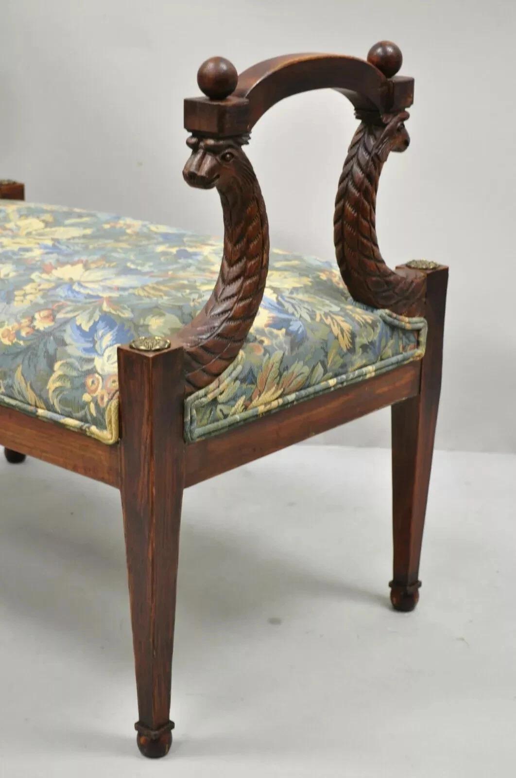 Vintage Italian Regency Figural Carved Floral Upholstered Wooden Window Bench For Sale 7