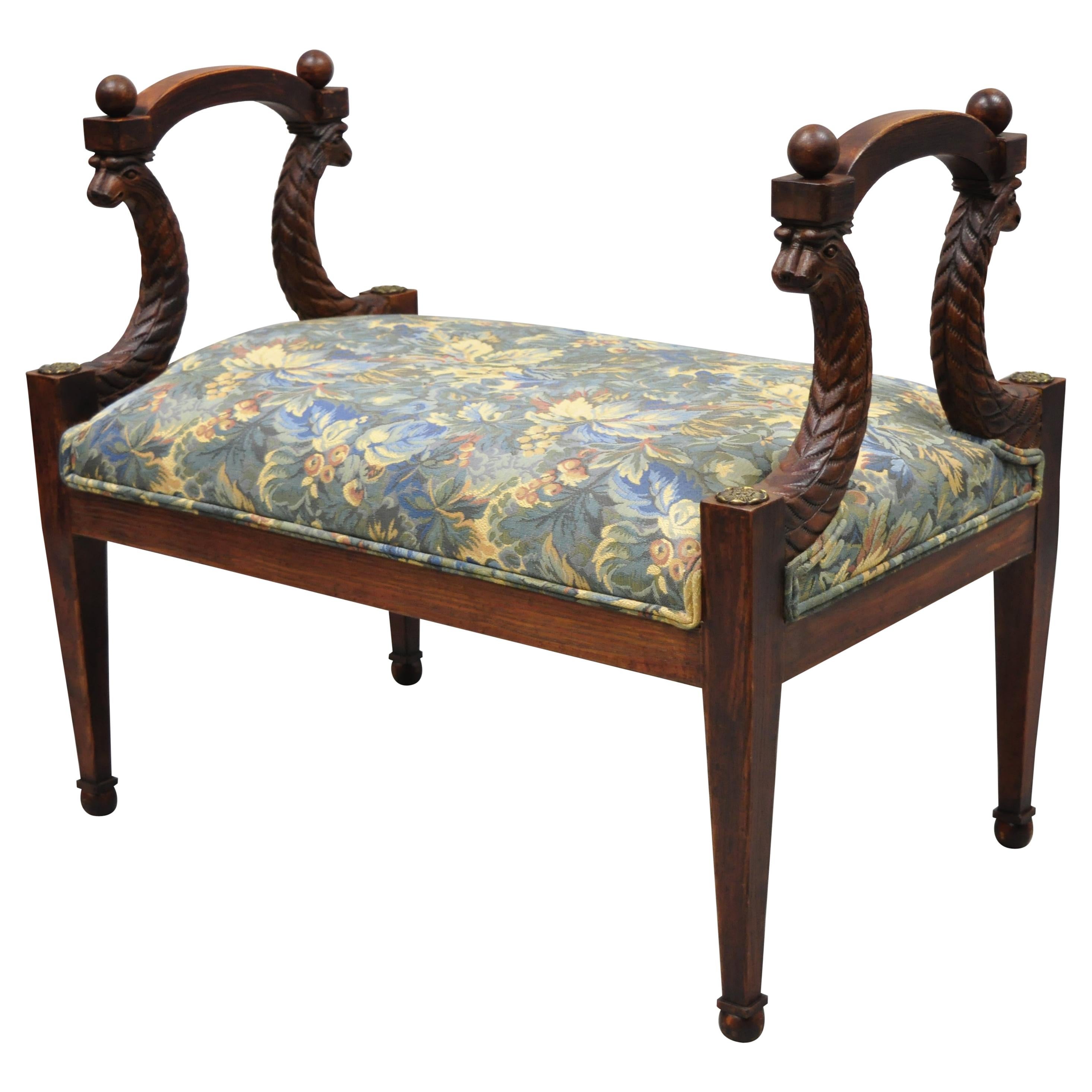 Vintage Italian Regency Figural Carved Floral Upholstered Wooden Window Bench For Sale