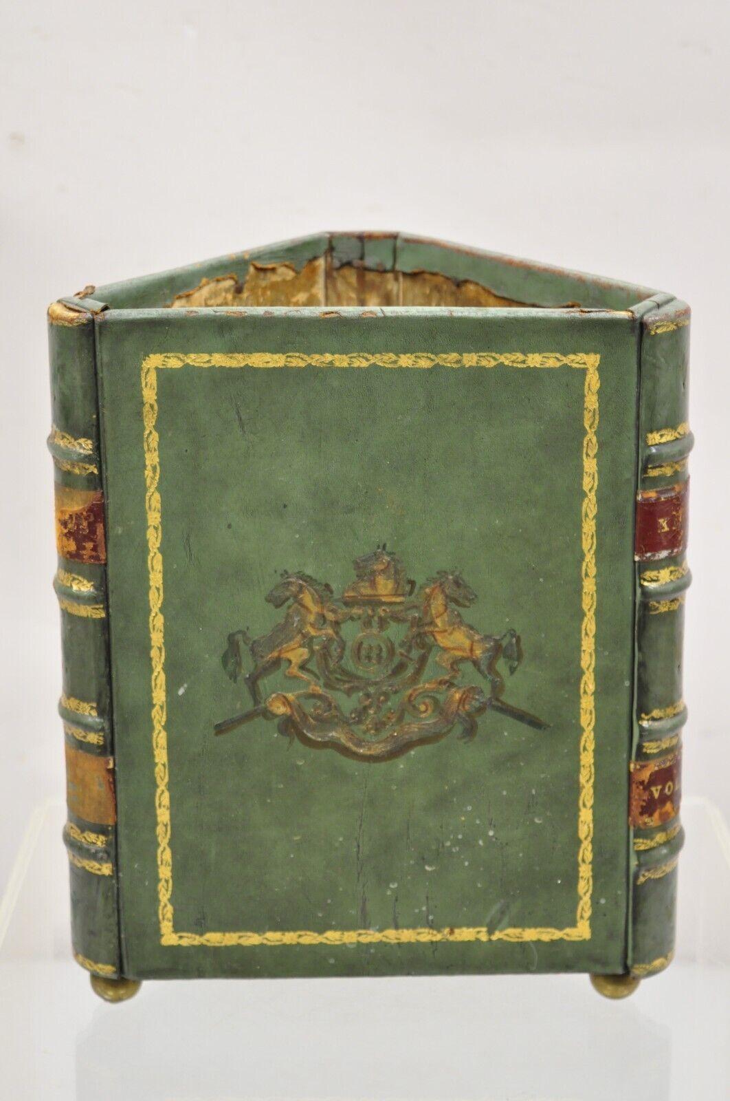 Vintage Italian Regency Green Leather Triangular Book Form Wastebasket Trashcan For Sale 6
