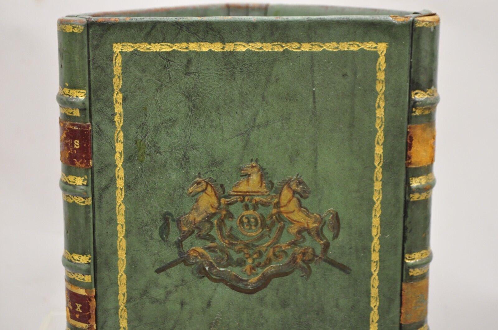 Early 20th Century Vintage Italian Regency Green Leather Triangular Book Form Wastebasket Trashcan For Sale