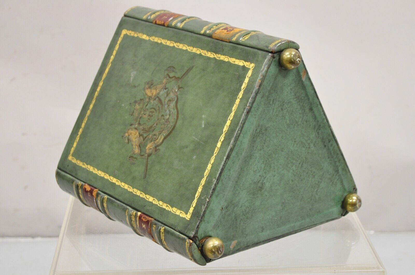 Brass Vintage Italian Regency Green Leather Triangular Book Form Wastebasket Trashcan For Sale