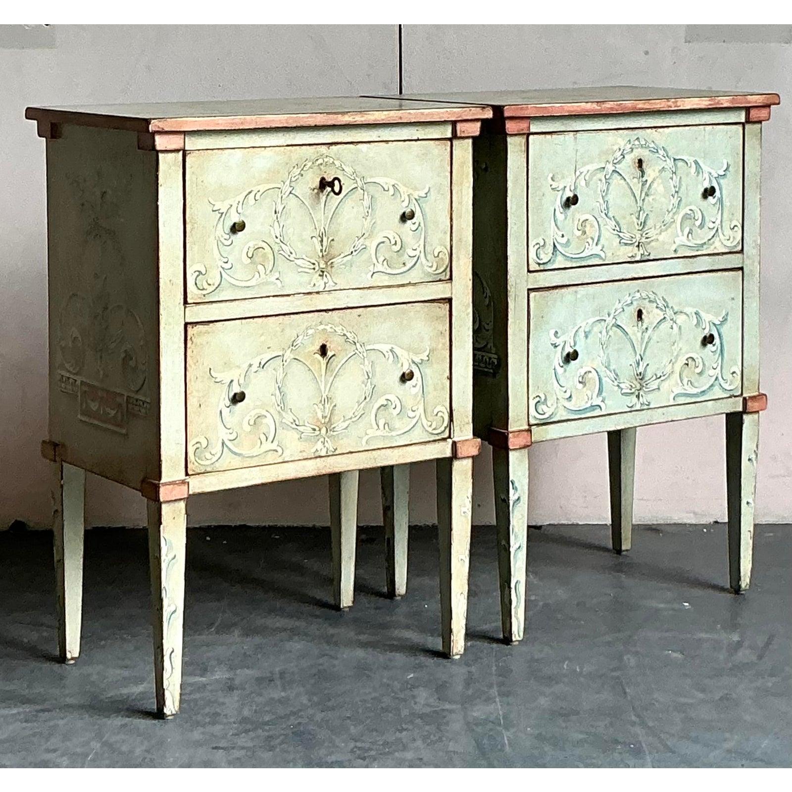 Elevate your bedroom or living space with this exquisite pair of Vintage Italian Regency nightstands. Dating from the mid-20th century, these charming pieces embody the sophisticated elegance of the Italian Regency and Neoclassical styles, featuring