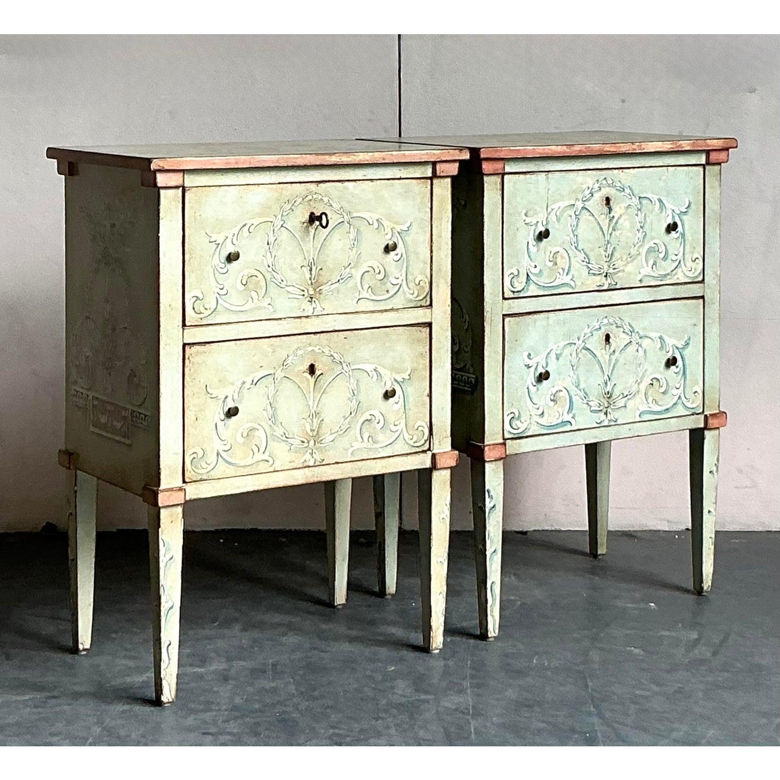 Vintage Italian Regency Hand Painted Nighstands - Set of 2 In Good Condition For Sale In West Palm Beach, FL