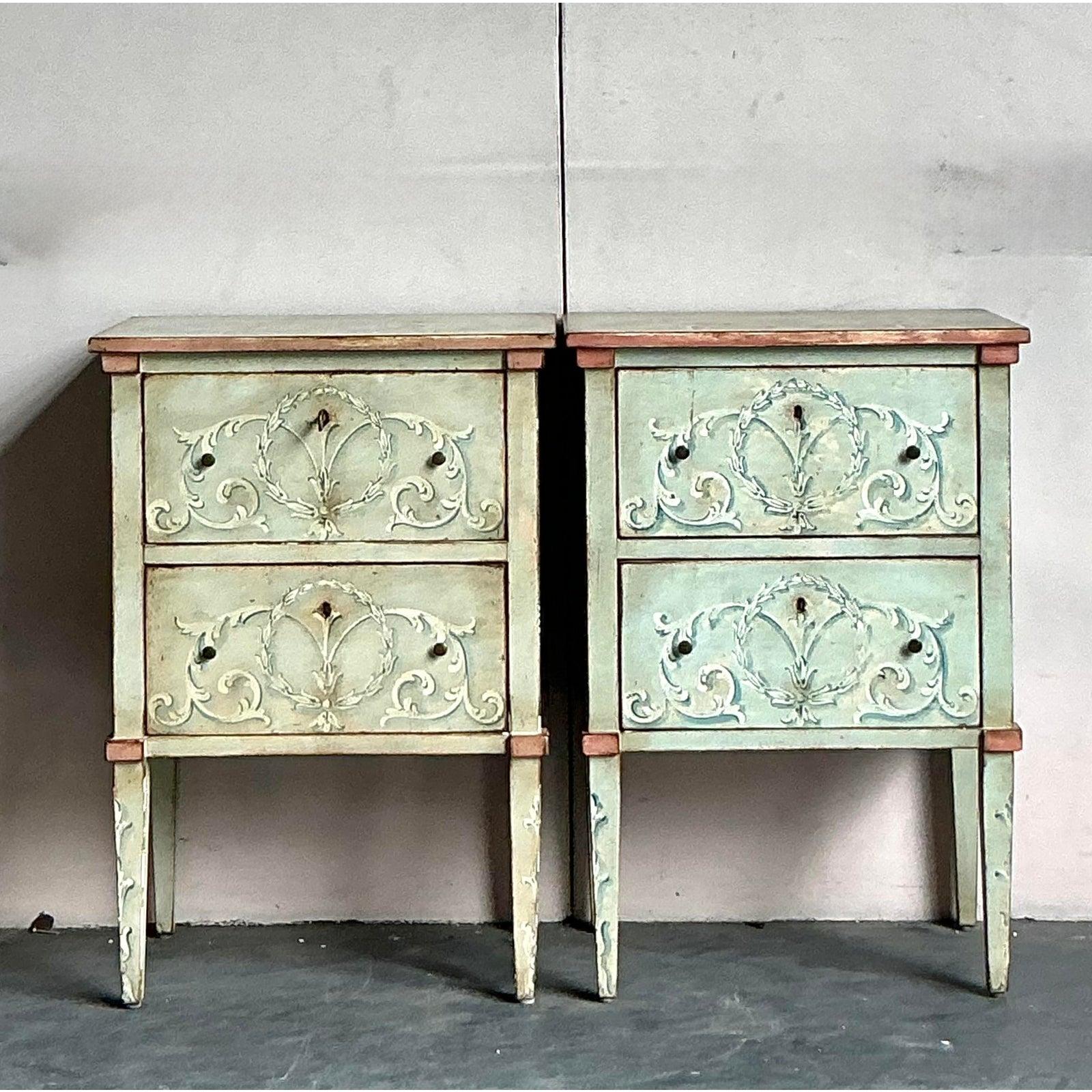 20th Century Vintage Italian Regency Hand Painted Nighstands - Set of 2 For Sale