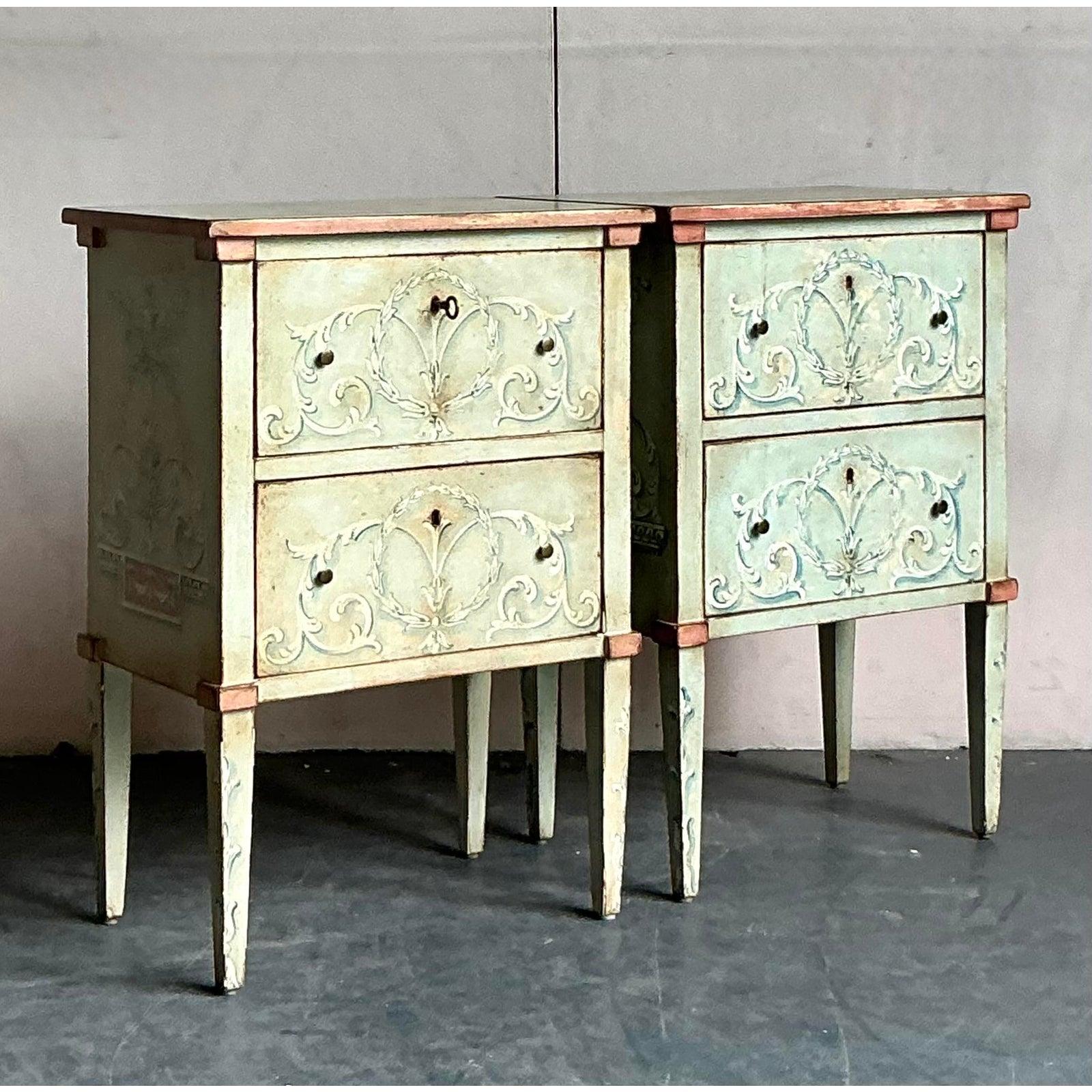 Wood Vintage Italian Regency Hand Painted Nighstands - Set of 2 For Sale