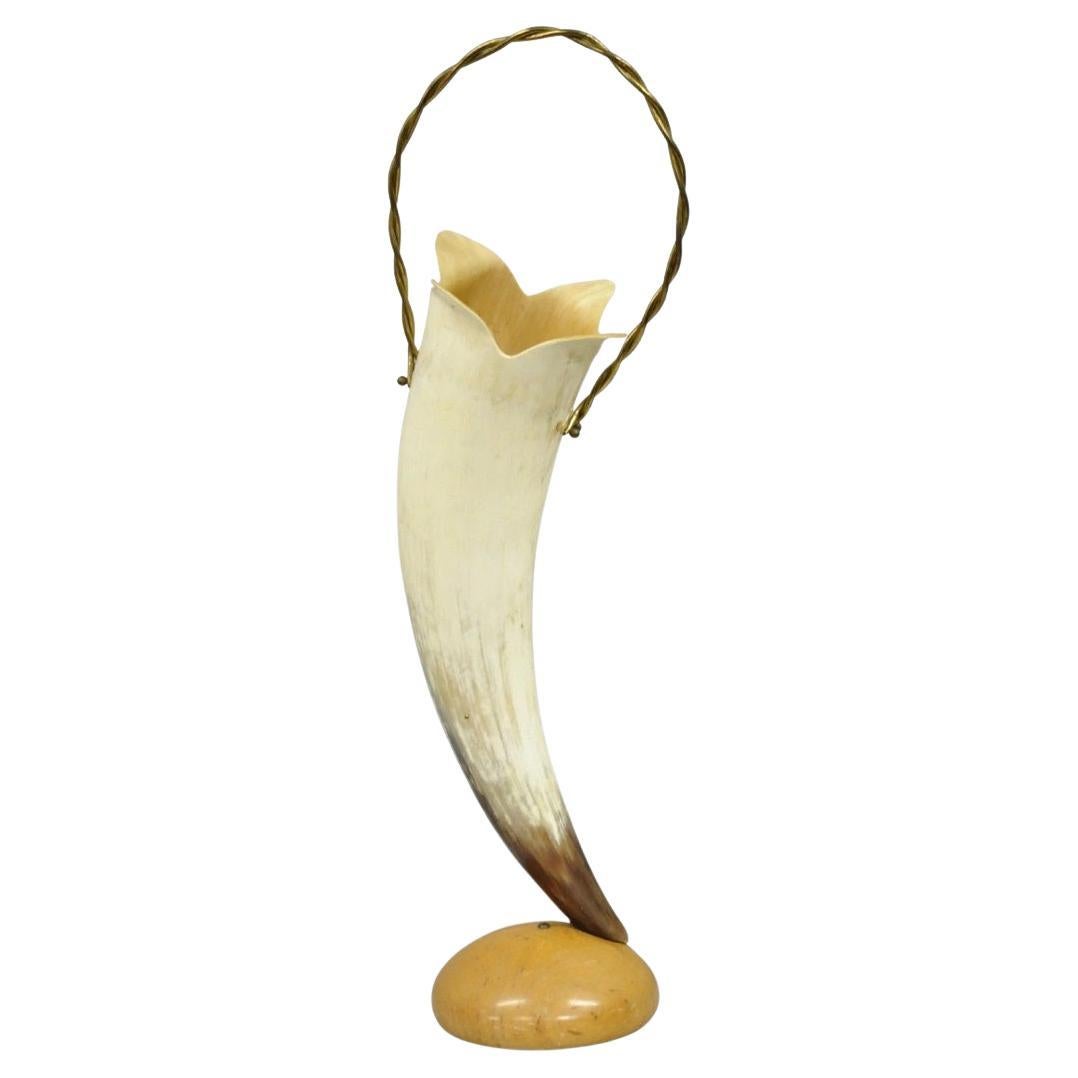 Vintage Italian Regency Large Cattle Cow Horn Vase on Sculptured Maple Wood Base