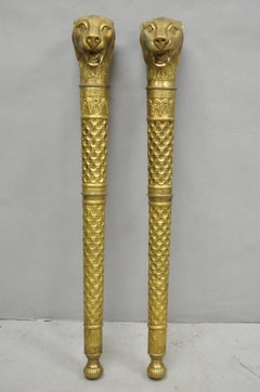 Vintage Italian Regency Neoclassical Large Brass Lion Sconce Door Handles Pair