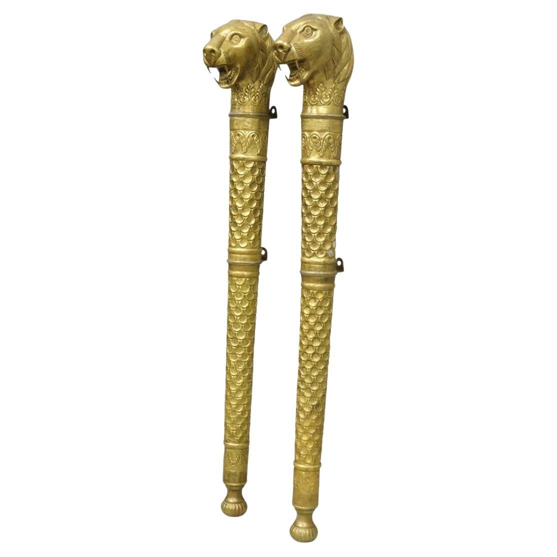 Vintage Italian Regency Neoclassical Large Brass Lion Sconce Door Handles Pair