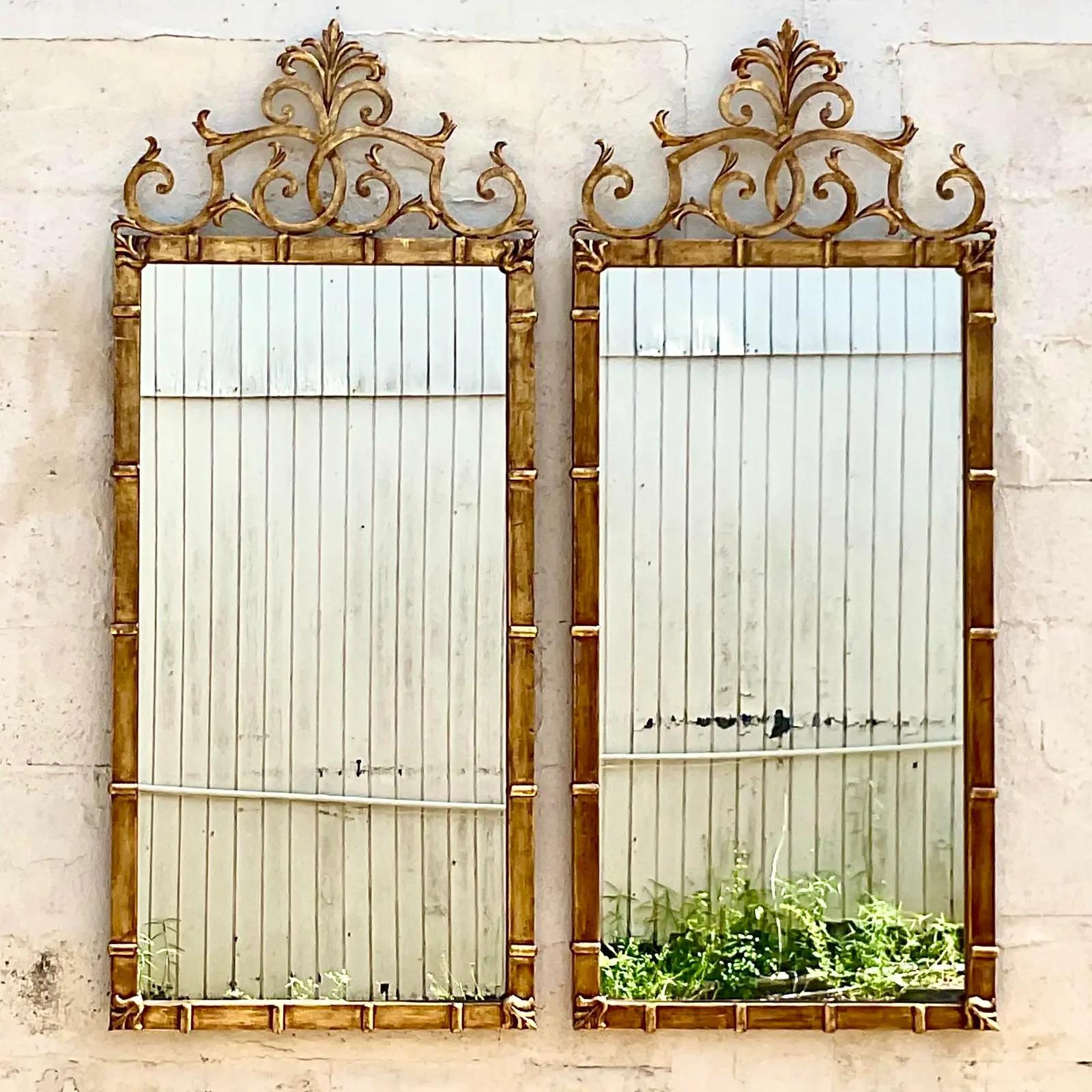 Fantastic vintage Italian Regency wall mirrors. Made by the iconic Palladio group. A chic gilt finish over metal. Acquired from a Palm. Each estate.