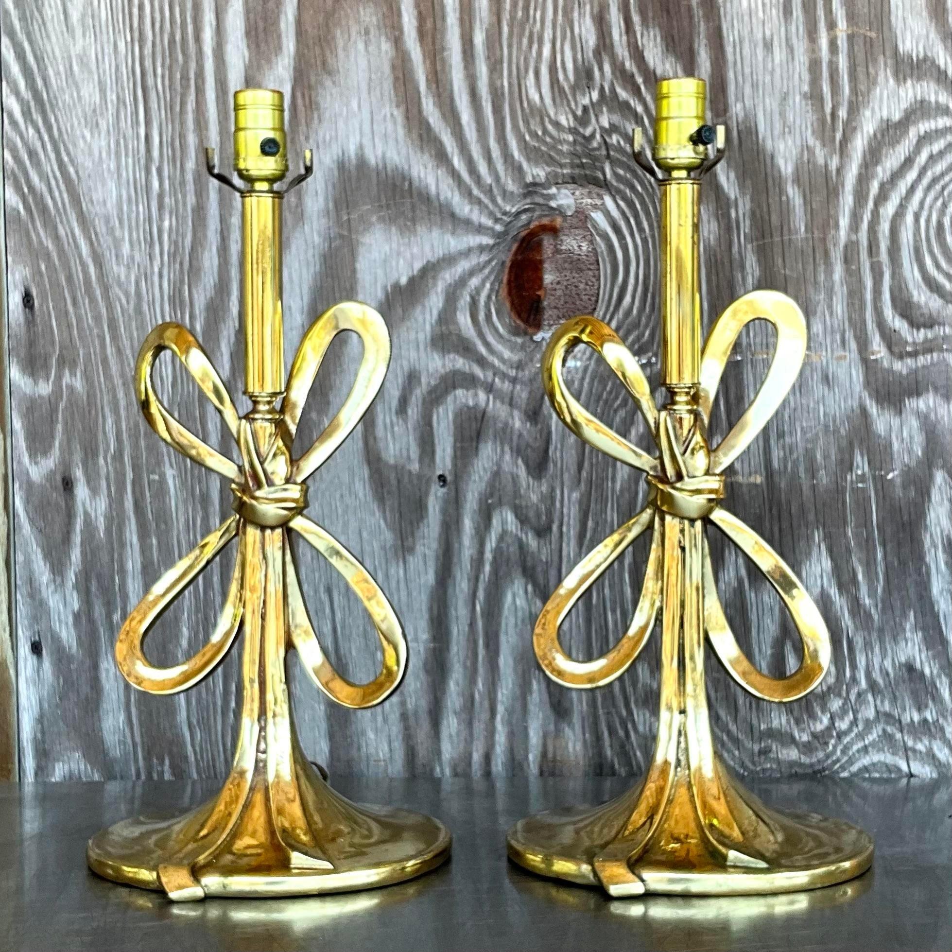 Mid-Century Modern Vintage Italian Regency Polished Brass Bow Lamps - a Pair